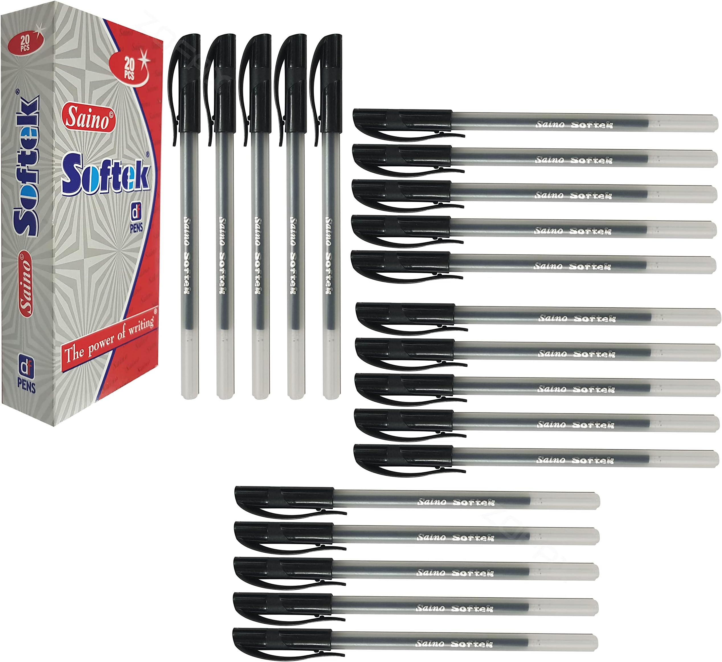 SAINO 20 x 0.7mm Fine Tip Softek BLACK Ballpoint Pens Smooth Writing Non Dry Guarantee