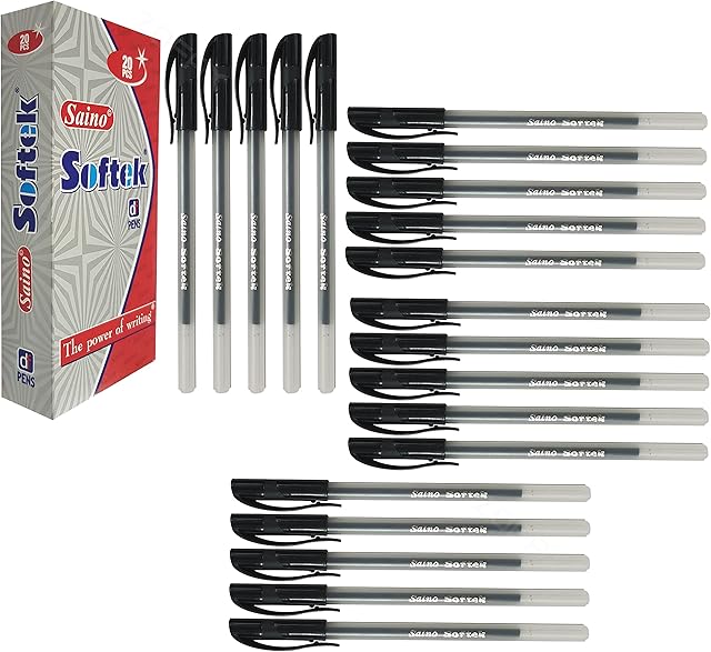 20 x 0.7mm Fine Tip SAINO Softek BLACK Ballpoint Pens Smooth Writing Non Dry Guarantee