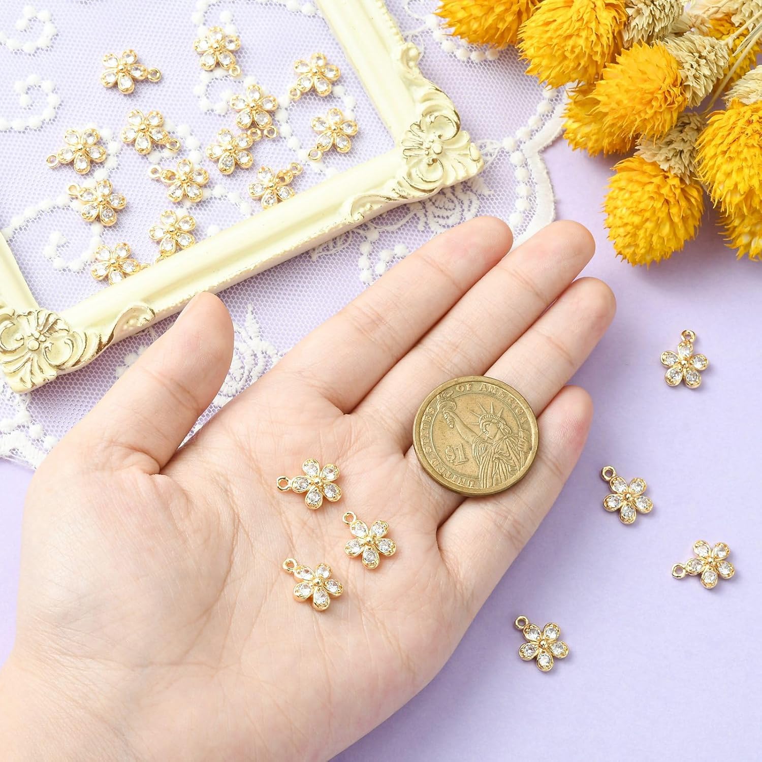 KitBeads 20pcs Cubic Zirconia Floral Charms - Brass Micro Pave 5 Petal Flower Shape Charms Plated in 18k Gold for Jewelry Making - Image 4