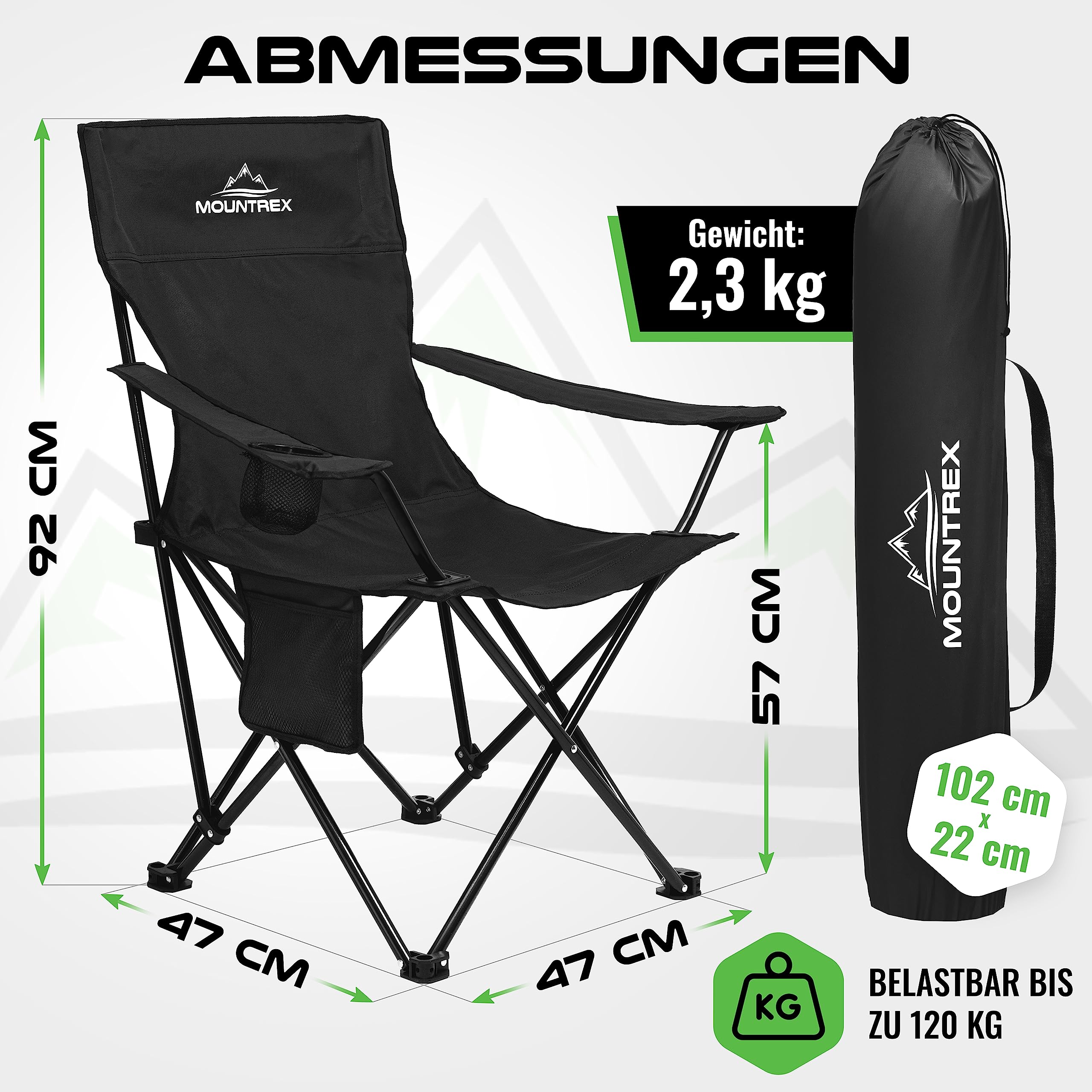 MOUNTREX Campingstuhl Faltbar (bis 120kg) - Klappstuhl mit Verstellbare Armlehne - Anglerstuhl, Strandstuhl - Klappbar, Kompakt & Leicht - Camping Stuhl Inkl. Getränkehalter und Tasche