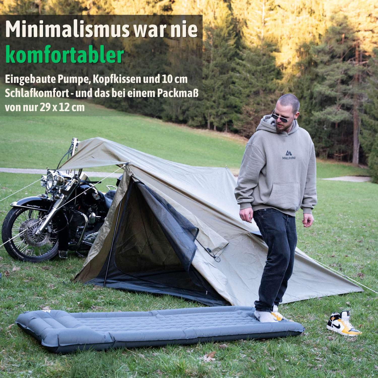 MALIHINI Camping Isomatte selbstaufblasend | Fußpumpe & Kissen | 10 cm dick | Aufblasbar ultraleicht Luftmatratze Schlafmatte Campingmatte Isoliermatte Trekking Outdoor Motorrad Bikepacking koppelbar