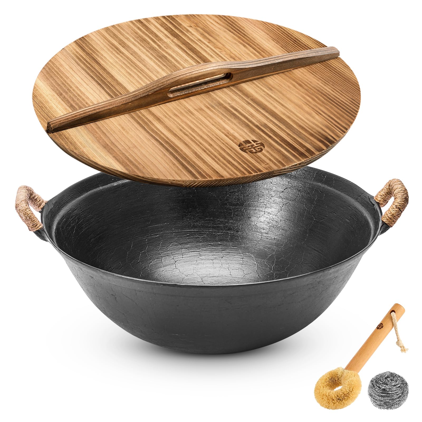 WANGYUANJI Handgefertigter Gusseisen-Wok mit zwei Griffen, kleiner chinesischer Wok mit rundem Boden für 1–2 Portionen, unbeschichtete Bratpfanne für Gasherde und Kochen mit offener Flamme, 30 cm