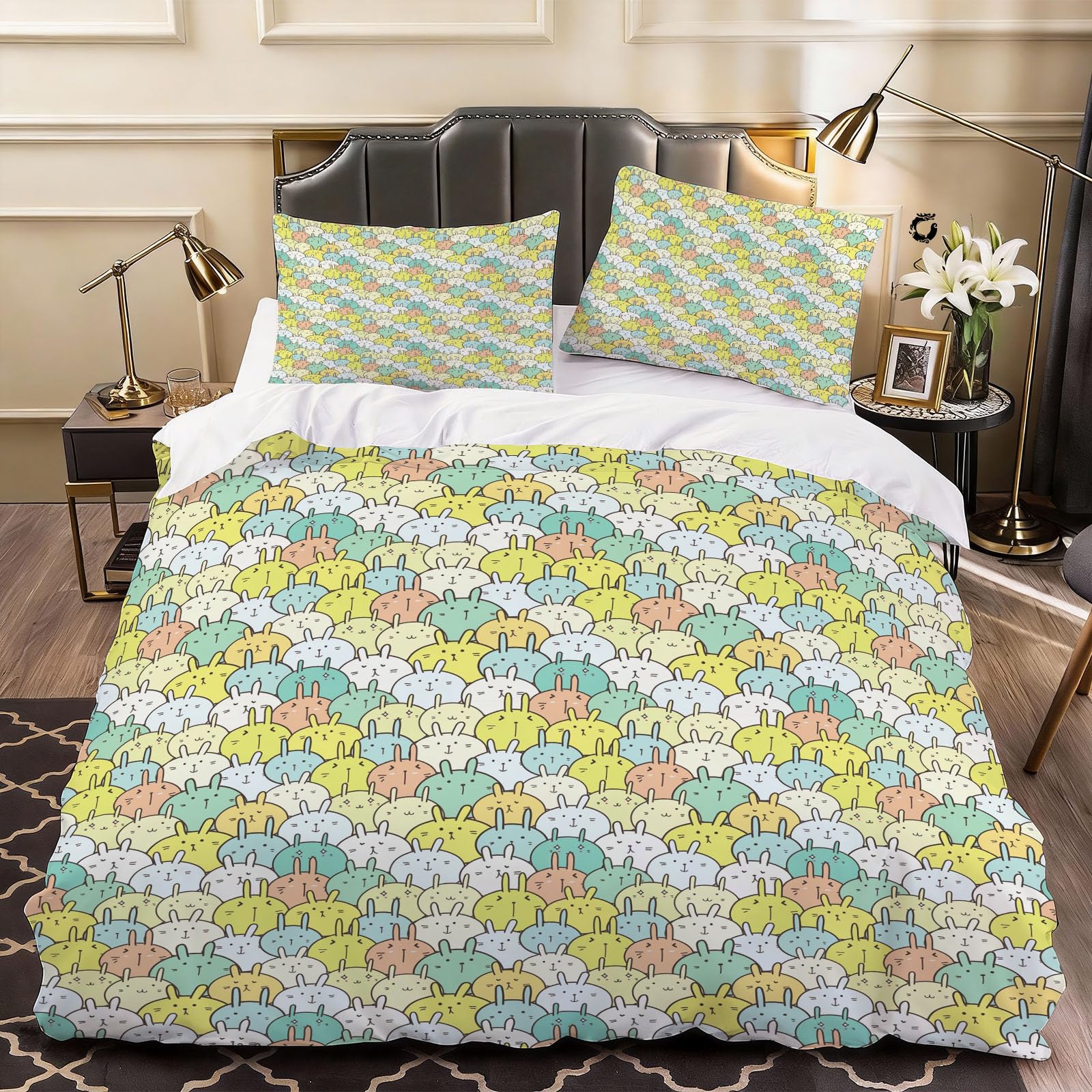 3D Cute Rabbit Duvet Cover Cute Animals Bedding Double Bed Set, Soft Microfiber Comforter Cover Printed with Zipper Closure Quilt Coverr 200x200 cm and 2 Pillowcases