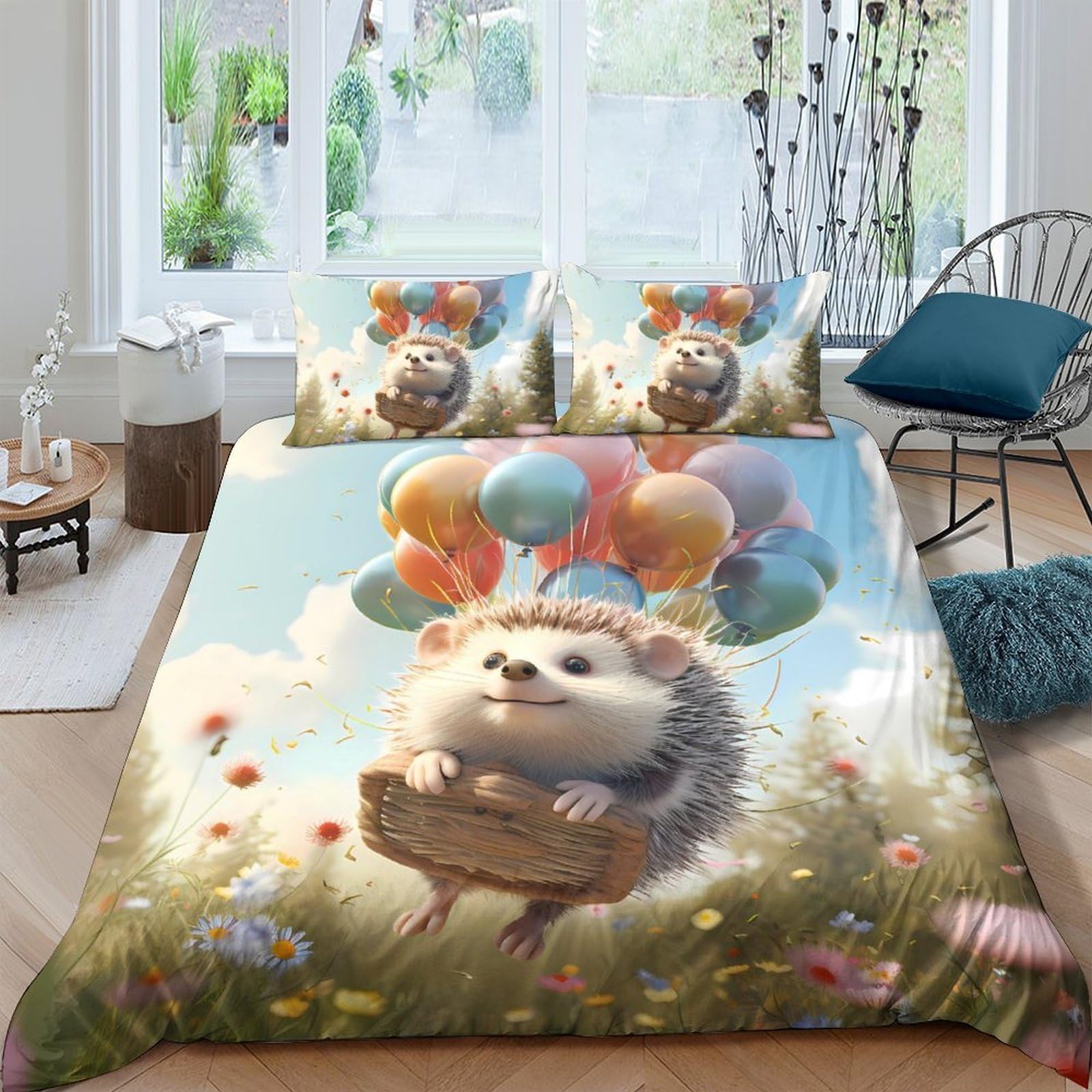 Ctjqhvkz Style-9 3D Printed Hedgehog Balloon Meadow Fitted Sheet Microfiber Soft Bed Cover Anti-Slip Machine Washable Bedroom Decor Single（135X200cm）