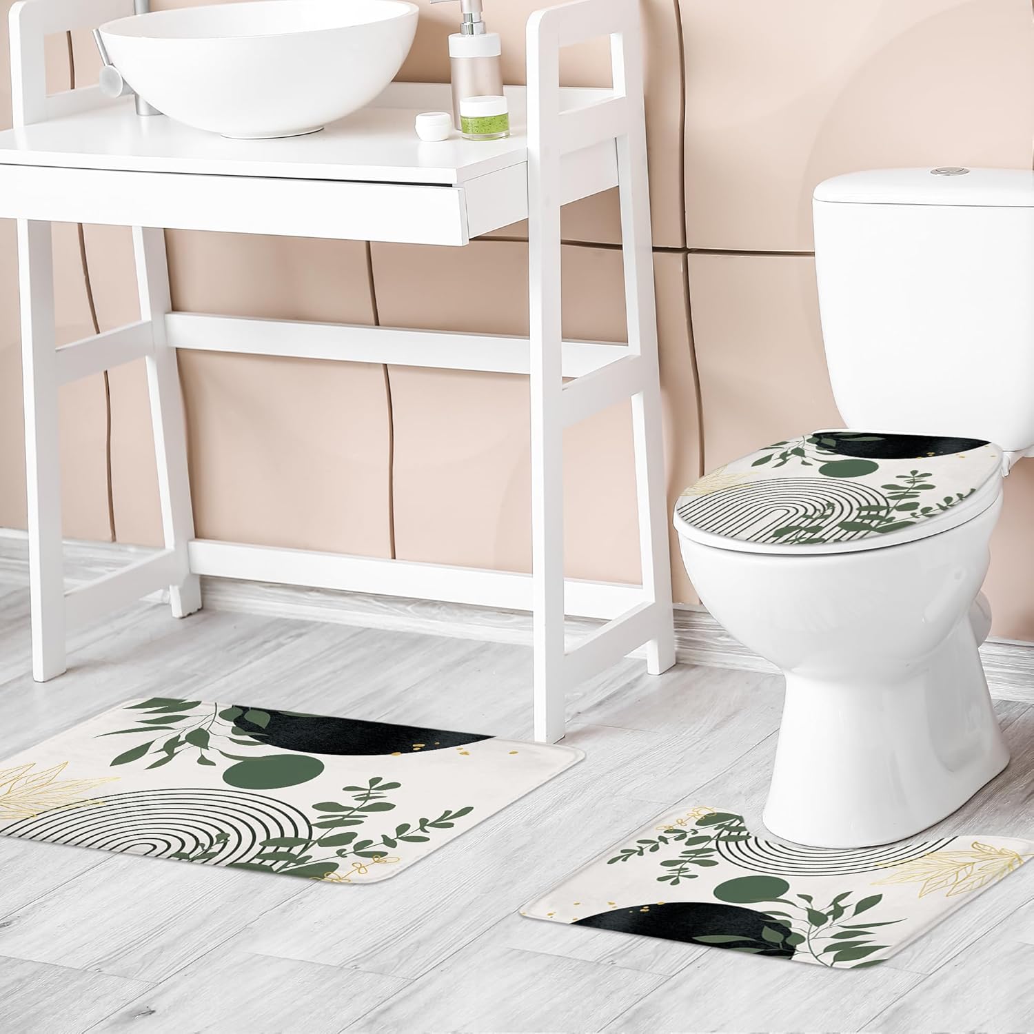 Riyidecor Boho Dark Green 4Pcs Bathroom Shower Curtain Sets Mid Century Abstract Modern Minimalist Bathroom Decor Set with Rugs and Accessories Leaf Toilet Lid Rug, Contour and Bath Mat with 12 Hooks