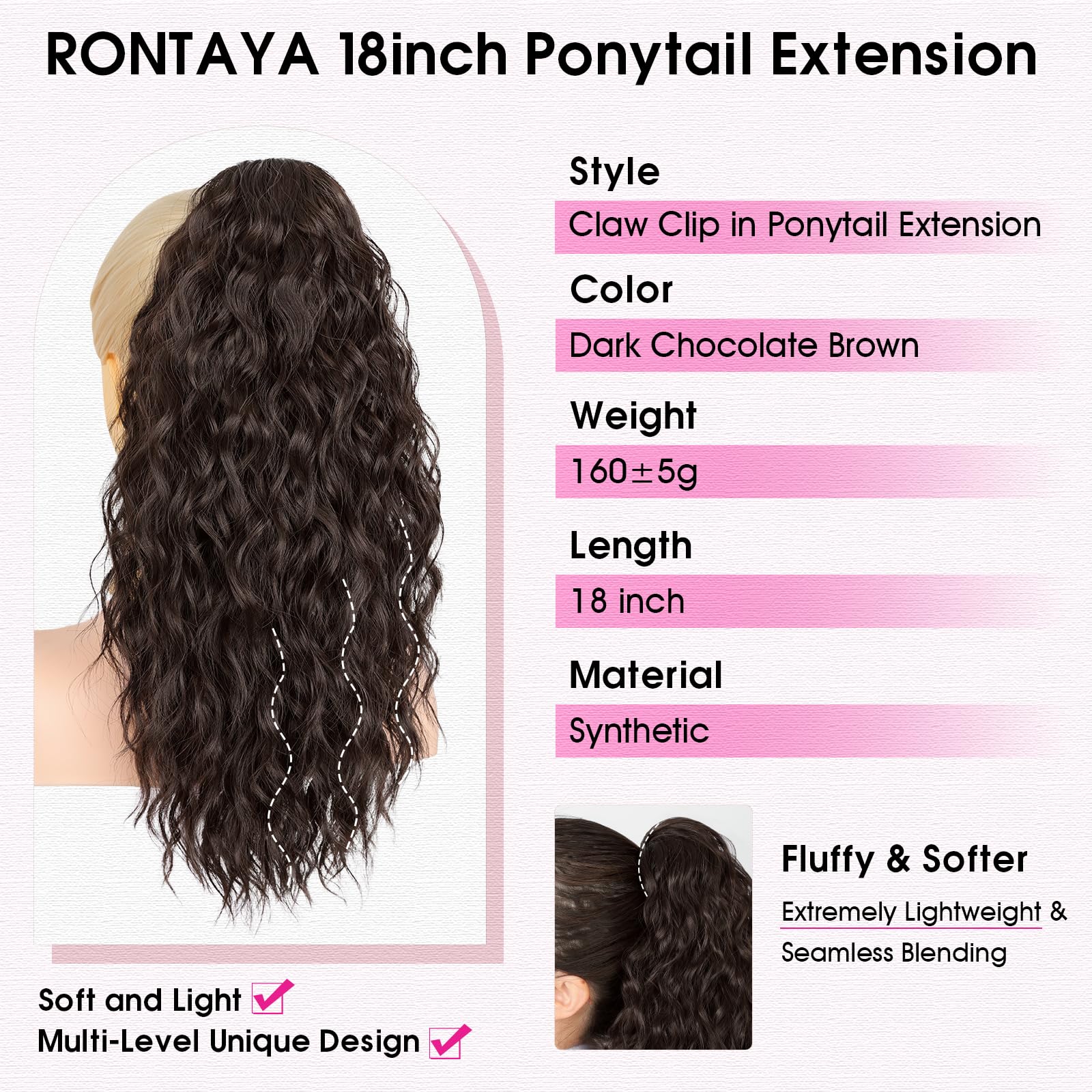 RONTAYA Extension Cheveux Naturel Clip - Postiche Cheveux Naturel Synthétique de, Multi couches duveux épais ondulé en fausses queues de poney cheveux Naturel Synthétique Brun foncé 46 cm