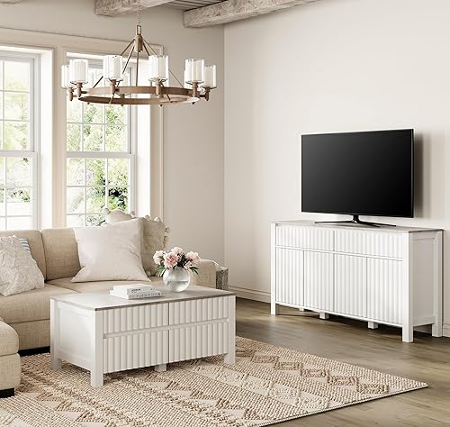 Miniatura 9 de WAMPAT Soporte de TV blanco para TV de 65 pulgadas, moderno centro de entretenimiento con estantes ajustables y cajones deslizantes, mesa consola