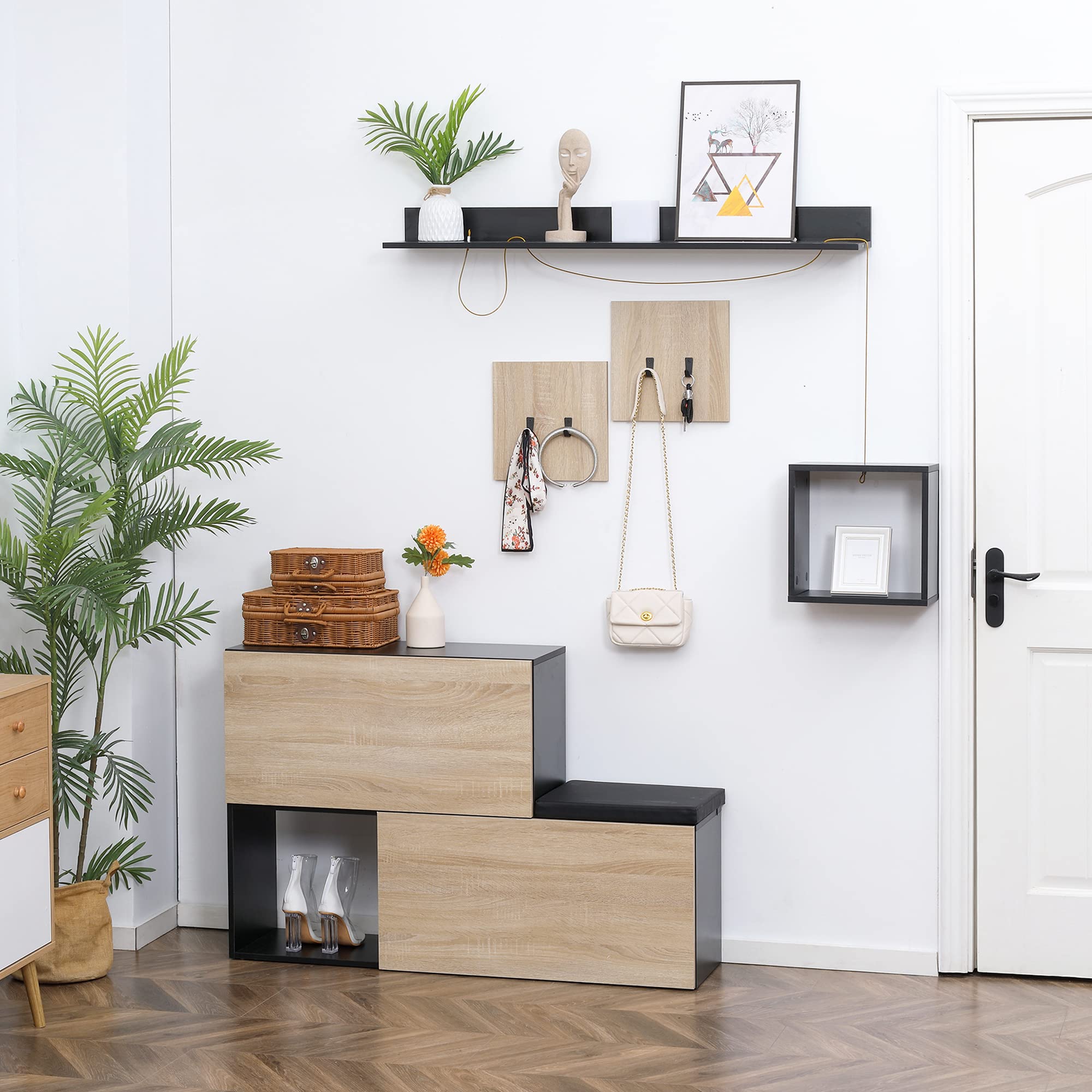 HOMCOM Set Mobile da Ingresso con Attaccapanni, Scarpiera con Panca, Mensola e Scaffale a Cubo in Legno, Grigio e Naturale