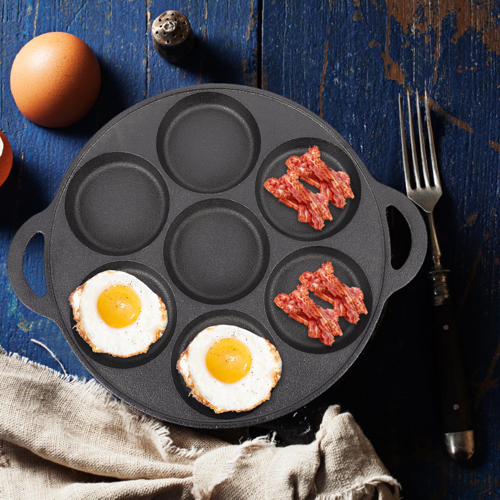 VALICLUD Sartén de Hierro Fundido de 7 Orificios, Negra, para Freír Huevos | Apta para Tortitas y Caracoles, Cocción Práctica, Base Antideslizante, Uso en Cocina