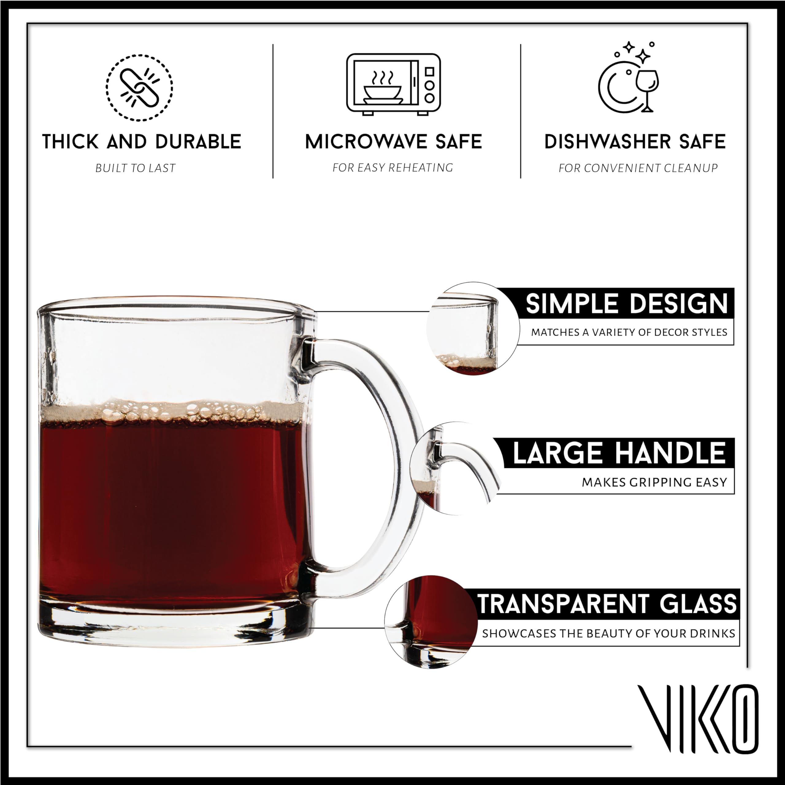 Vikko Taza de café transparente, tazas de café de vidrio transparente de 10.5 onzas, taza de vidrio transparente para bebidas calientes, taza de vidrio de café, tazas transparentes para café con asas,