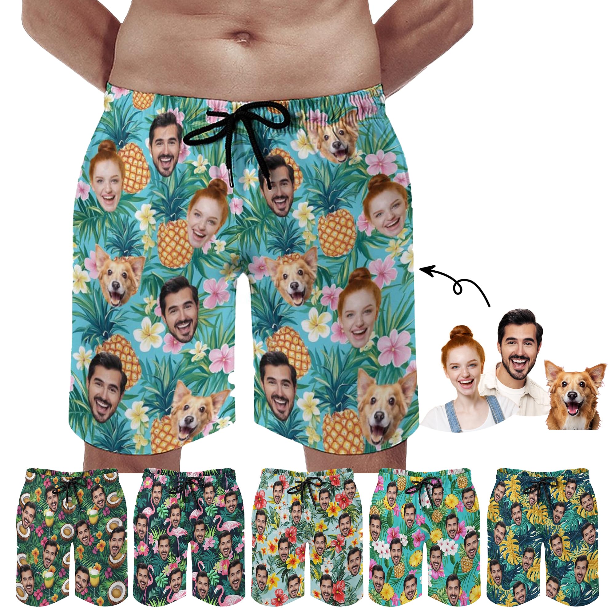 Custom Mens Swim Trunks with Face Personalized Funny Hawaiian Board Shorts with Photo Summer Swimwear Gifts for Men