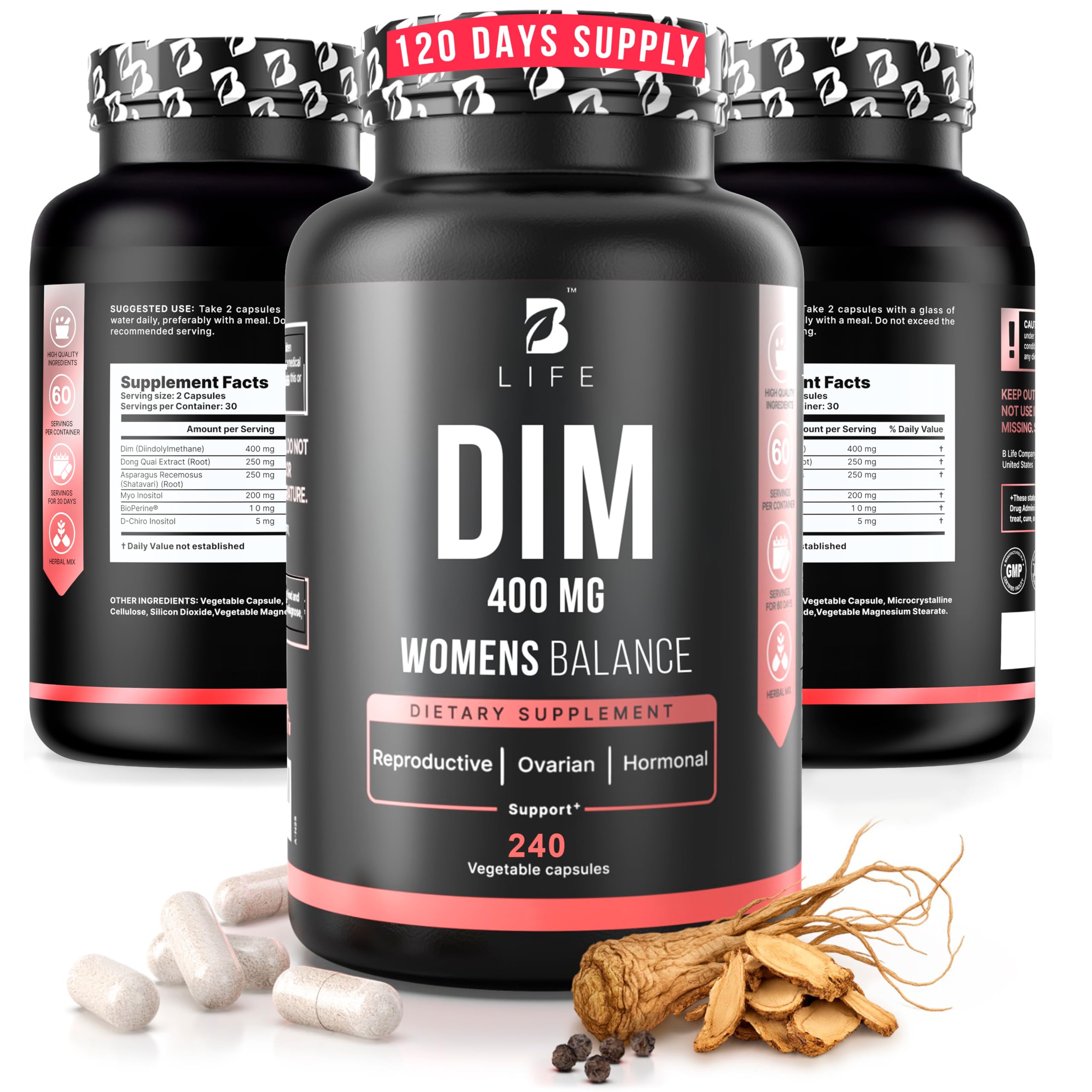 B Life Company DIM Supplement 400 mg with Myo & D-Chiro Inositol, Dong Quai – Hormone Balance for Women – Fertility Supplements – Inositol Supplement - 240 Caps 240 Count (Pack of 1)