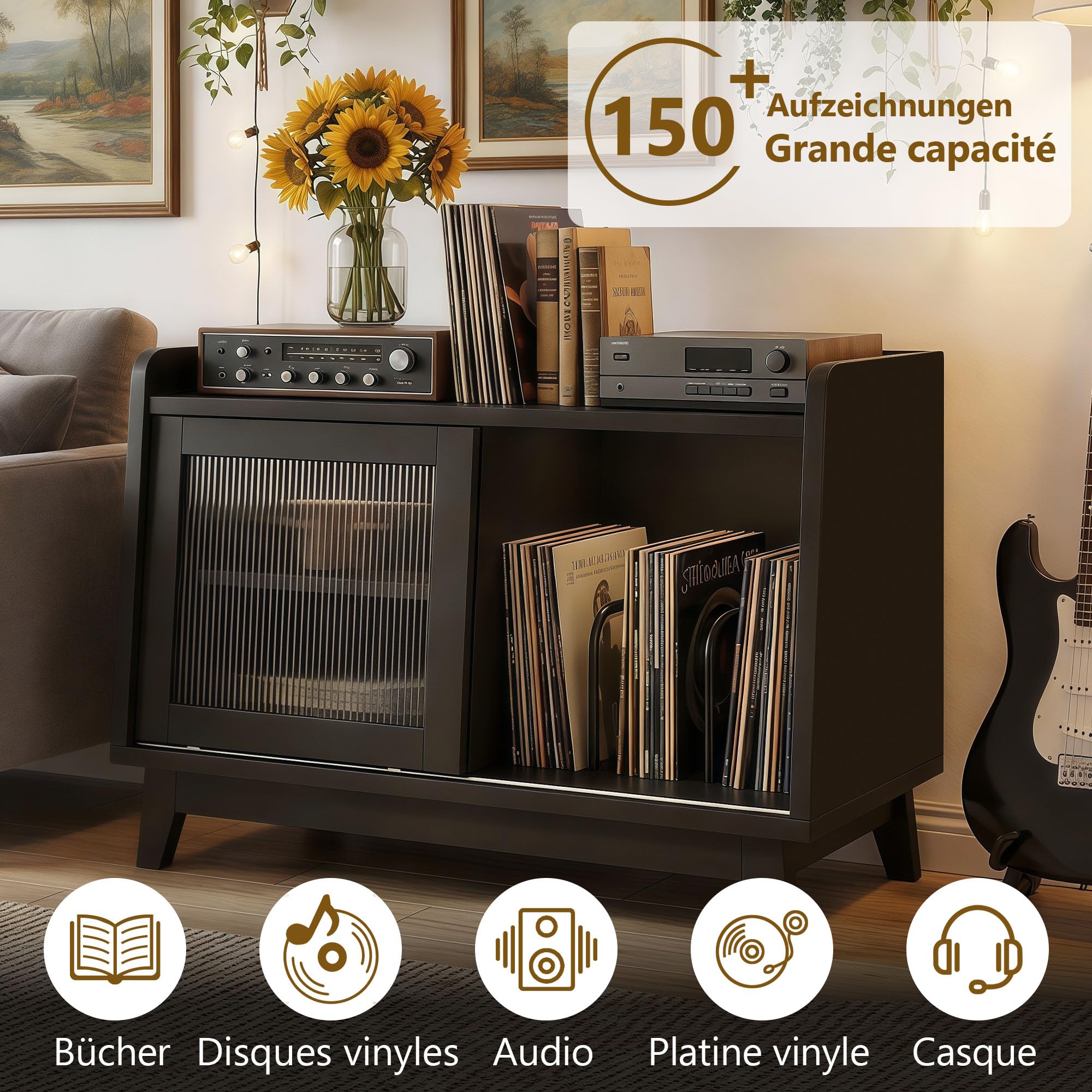 Feonase Plattenspieler Regal mit Steckdose und Glasschiebetür, Holz Plattenspielertisch für über 200 Schallplatten, offener Stauraum, ideal für das Wohnzimmer (Black)