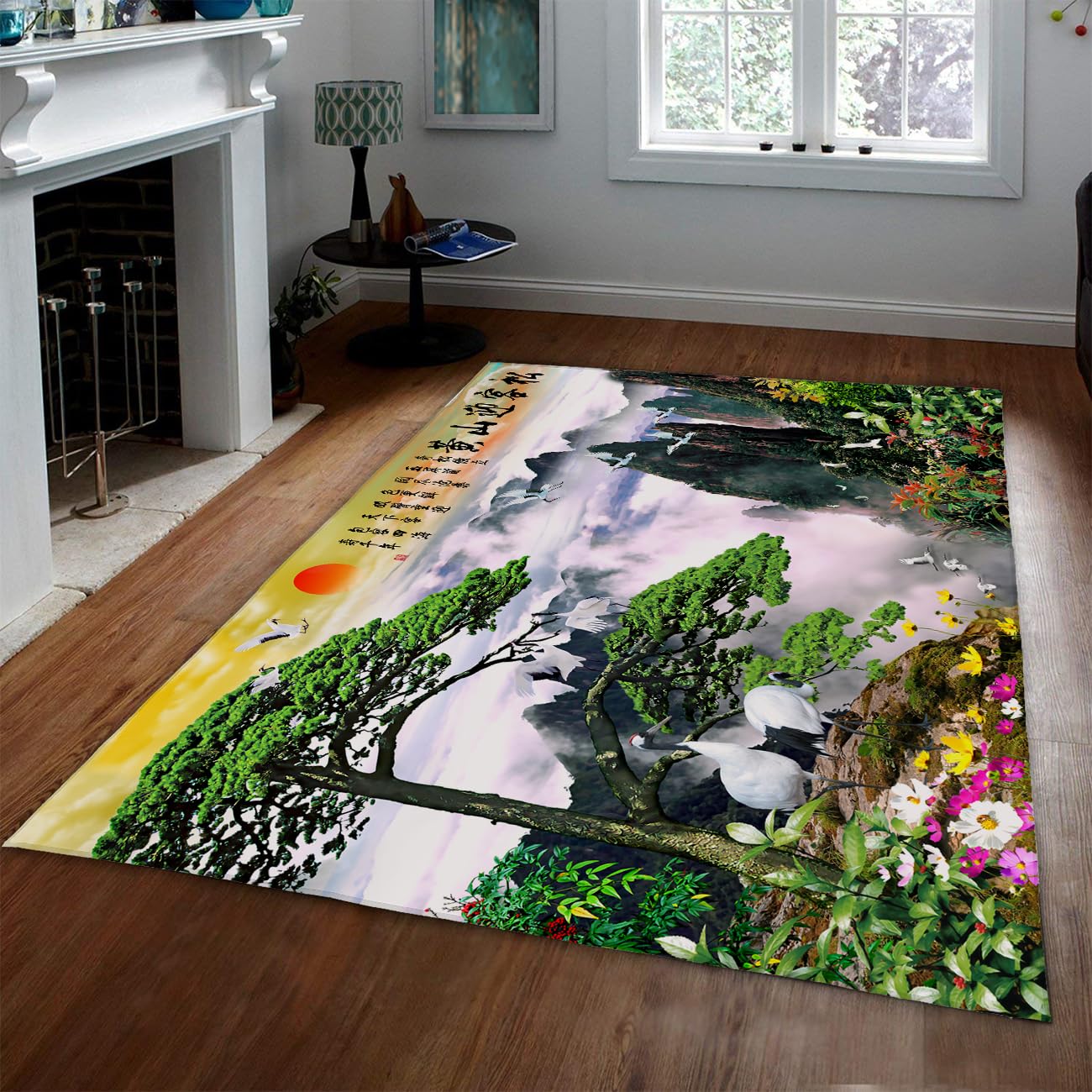 Tapis de la zone chinoise 140x200 lavable au motif de pin et brume