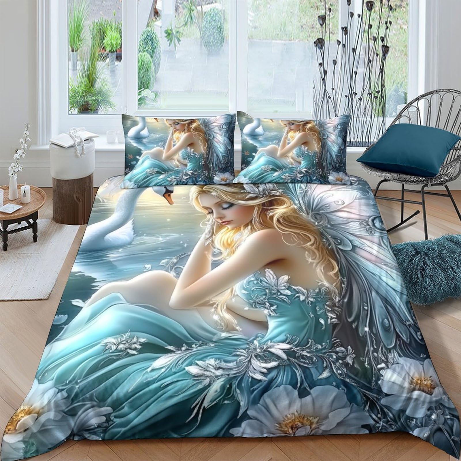 Ctjqhvkz Style-9 3D Printed Fantasy Fairy Fitted Sheet Microfiber Soft Blue Dress Angel Mattress Cover Bedroom Home Decor For Adults Teens Single（135X200cm）