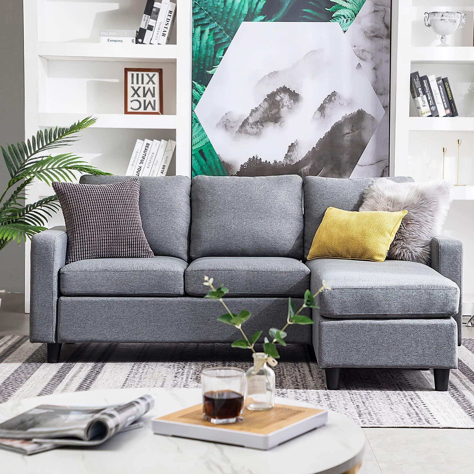 Elnora Convertible Sectional Sofa Fabric 3 Seater Sofa Set (Light Grey)-image-43