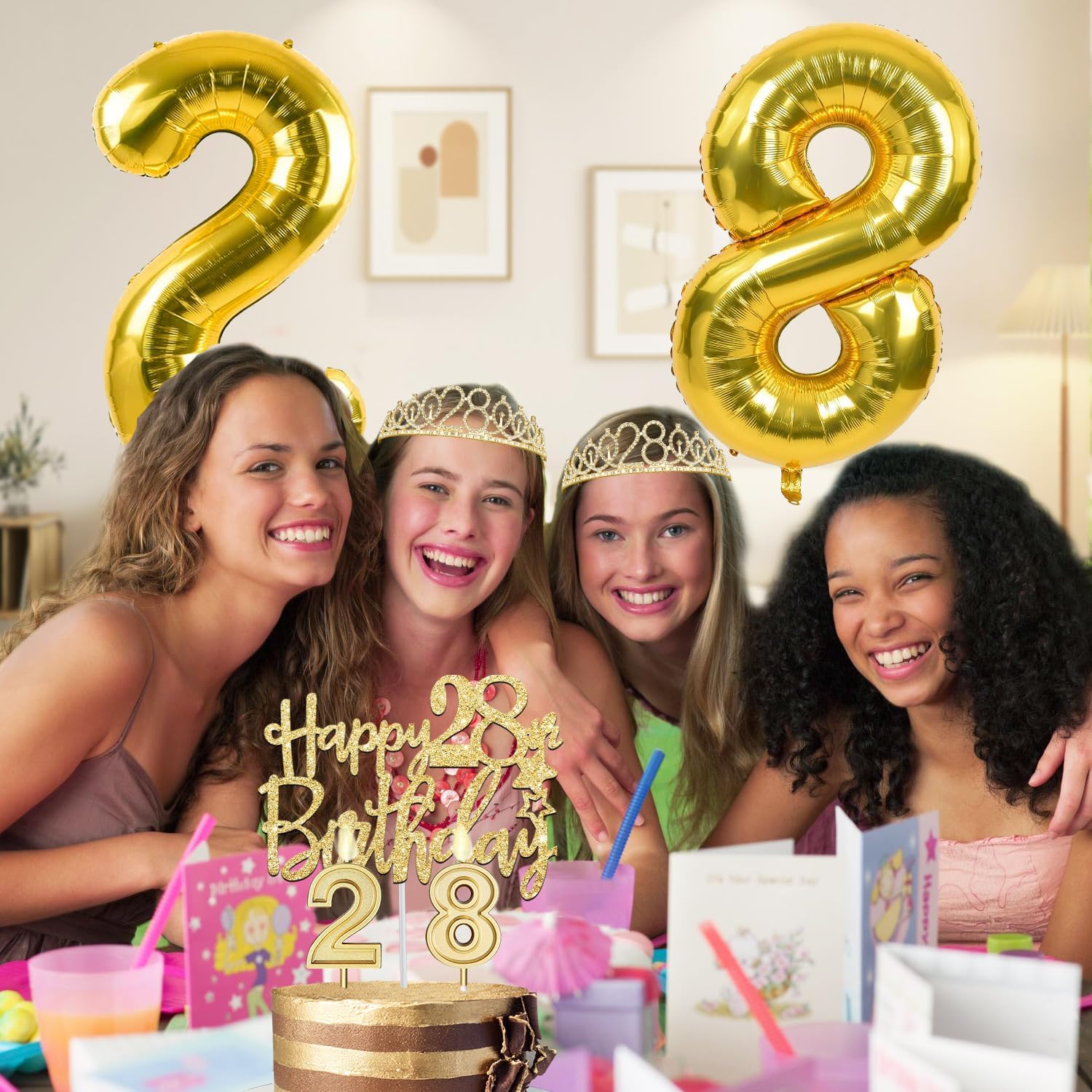 28th Birthday Decorations for Women Gold with Tiara, Sash, Cake Topper, Candles, Balloons, 28th Birthday Gifts for Women - Image 7