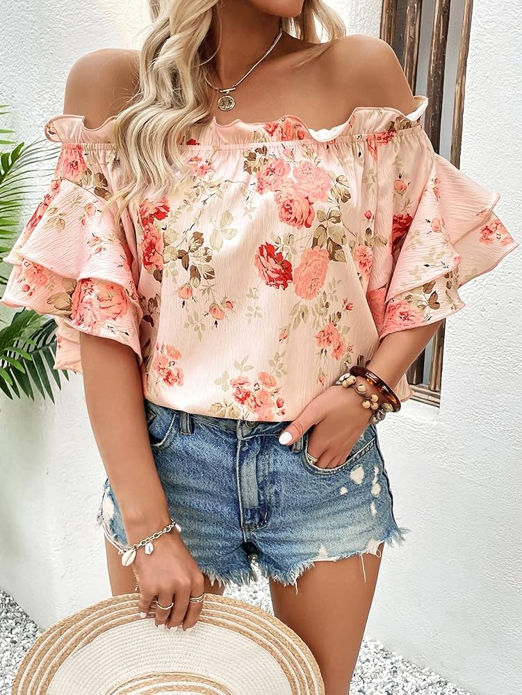 Amazon.co.jp: SOLY HUX レディース 花柄プリント ブラウス オフ