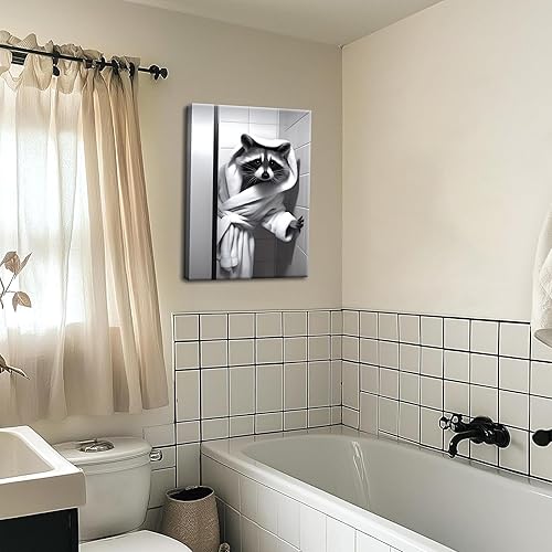 Miniatura 7 de Divertida decoración de pared de baño, lienzo de mapache blanco y negro, decoración de animales humorísticos, mapache en una bata de baño,