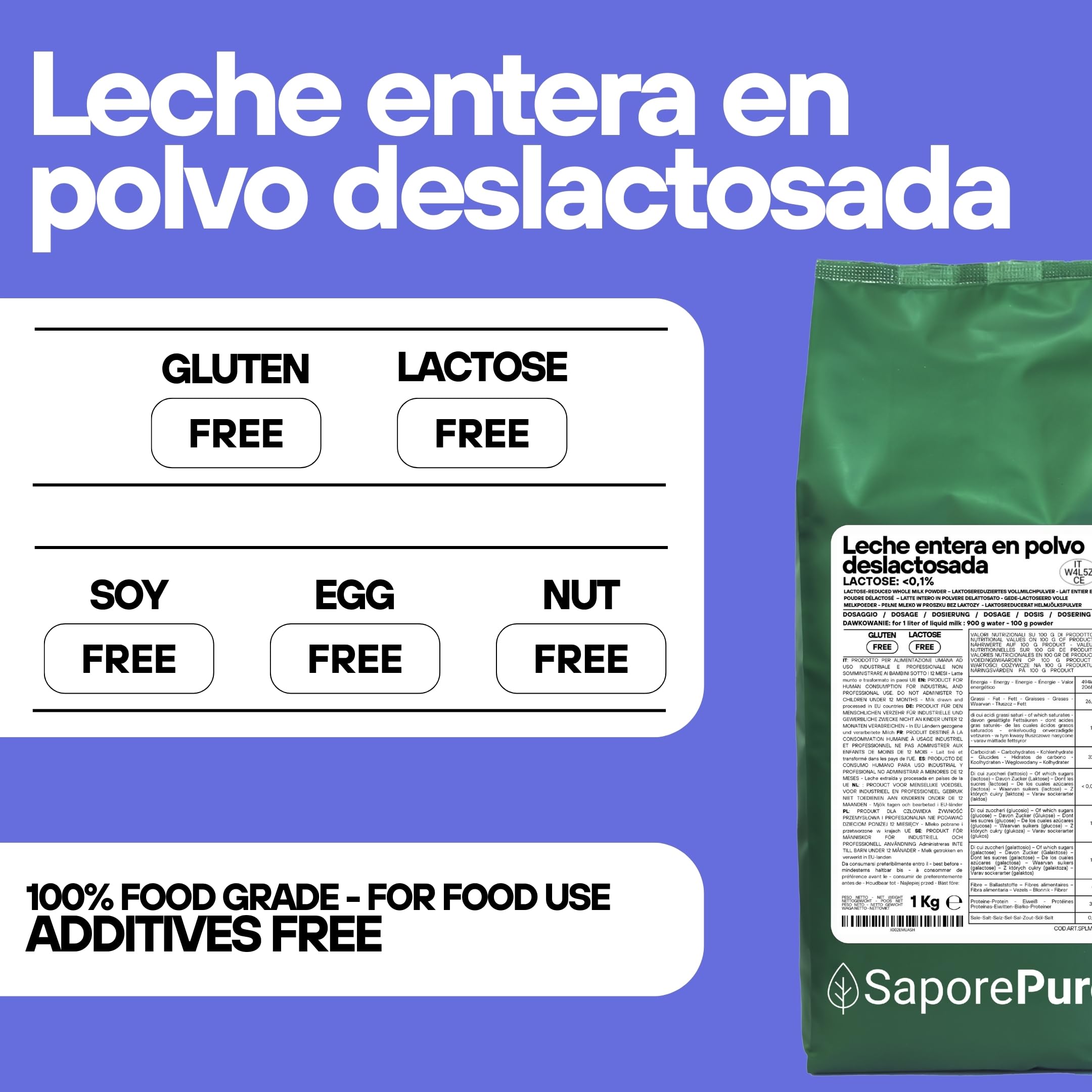 SaporePuro Leche Entera en Polvo Sin Lactosa 1 kg – Ideal para Pasteles, Pan y Helados, Uso Profesional e Industrial