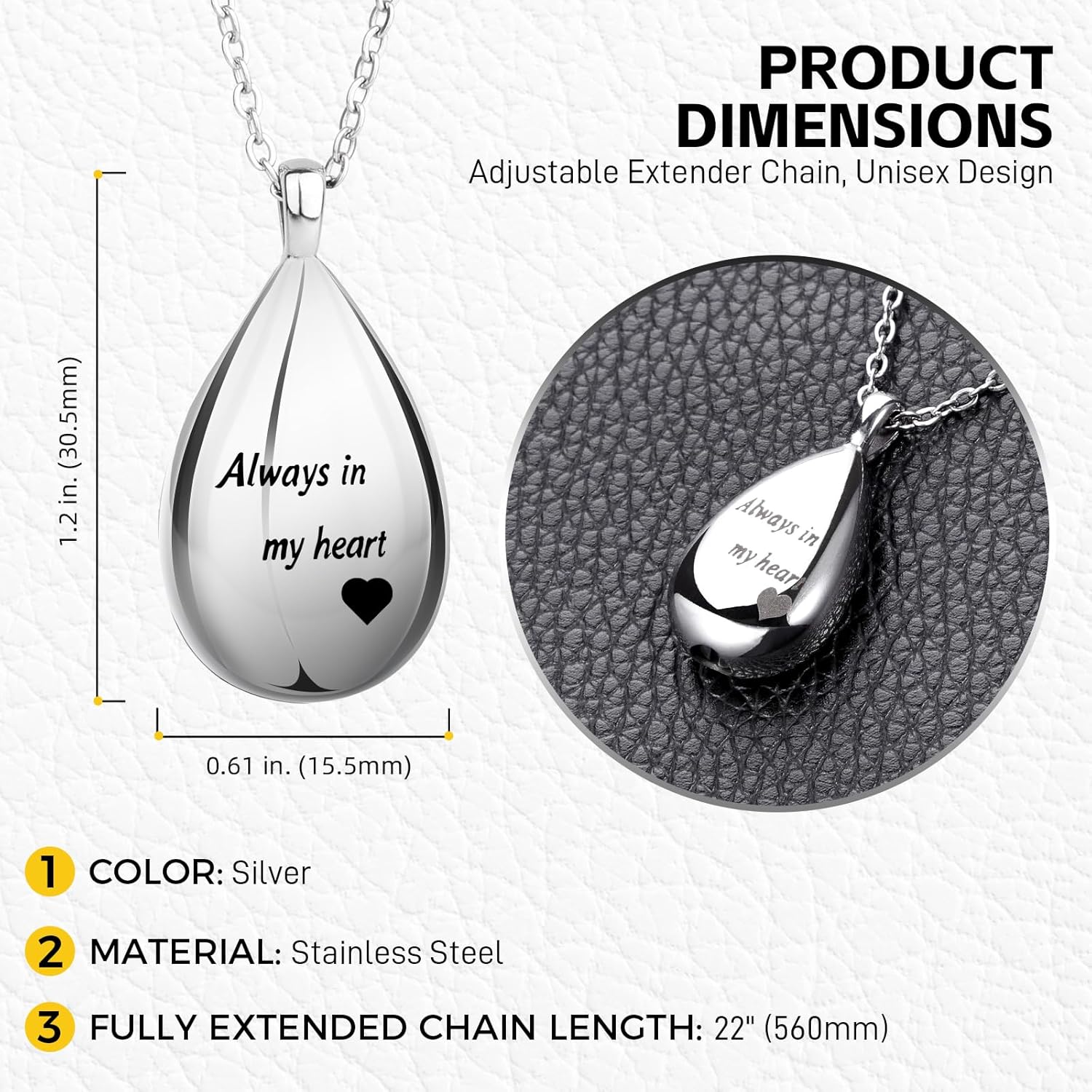Cremation Necklace for Ashes, Cremation Jewelry Locket for Stainless Steel Teardrop Shape Urn Necklaces for Ashes Keepsake Memorial Pend with Profound Implications for Women Men - Image 3
