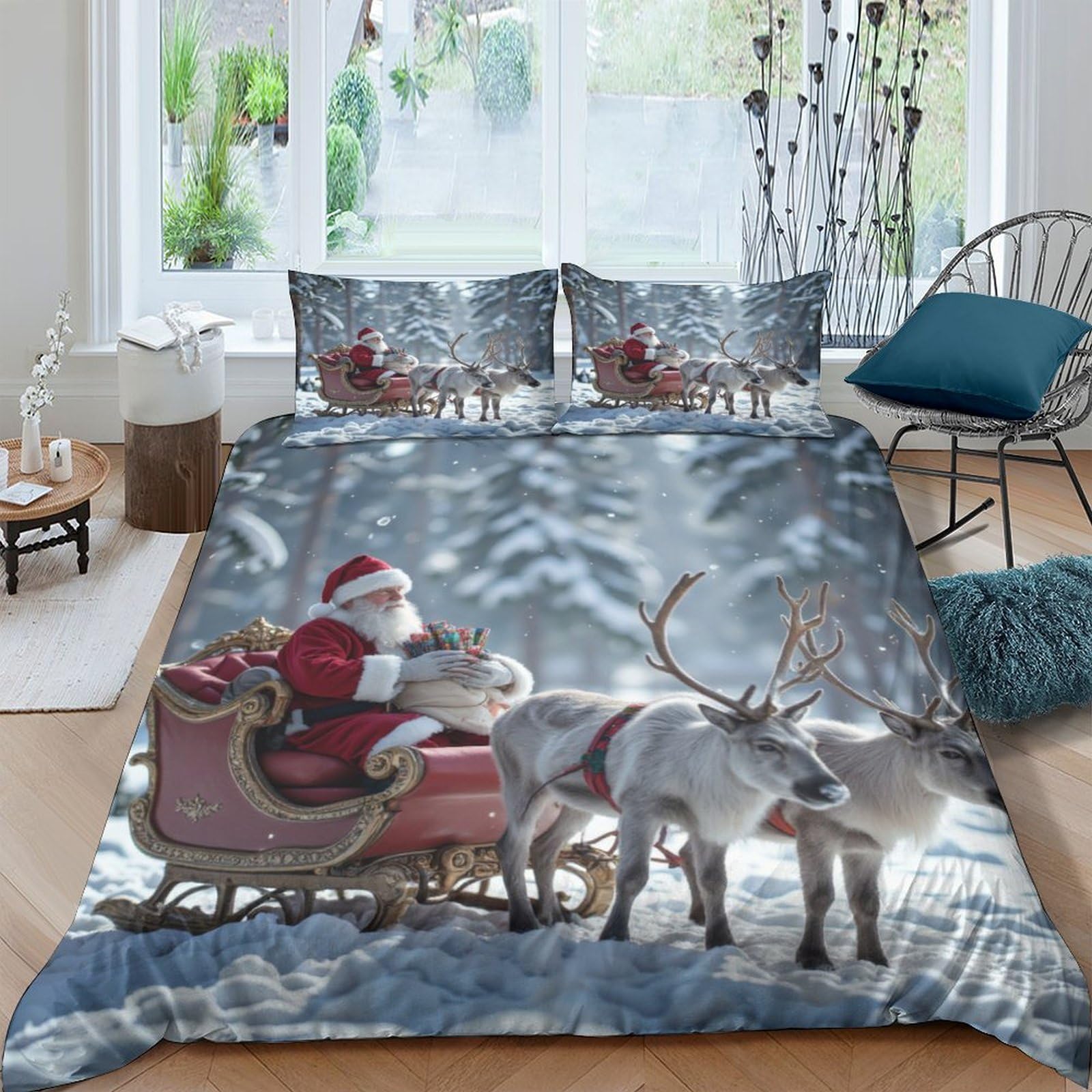 Ctjqhvkz Style-4 3D Printed Christmas Santa Sleigh Fitted Sheet Microfiber Soft Winter Reindeer Mattress Cover For Bedroom Guest Room Decor Single（135X200cm）