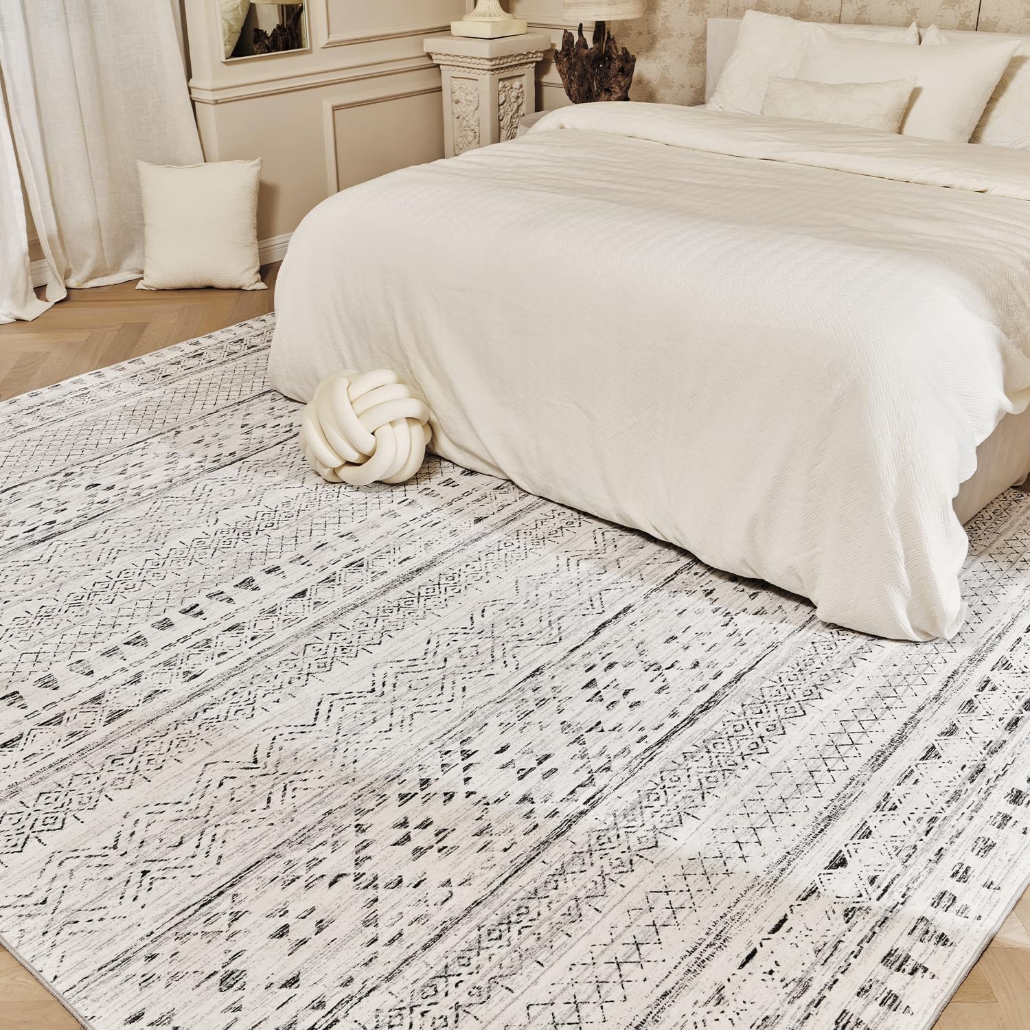 5x7 Area Rug for Living Room & Bedroom, Playroom & Dining Room, Washable Neutral Boho Carpet, Soft Indoor Black Black 5'x7'