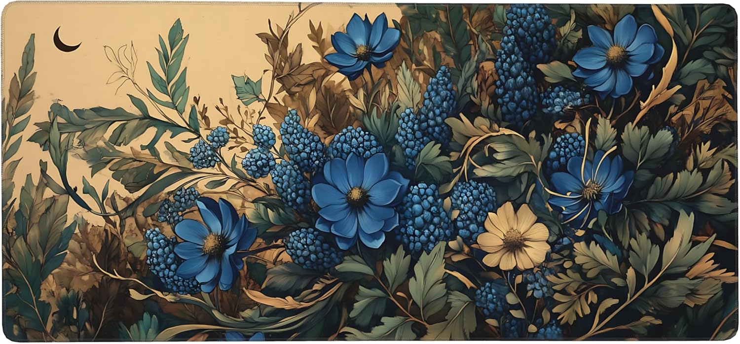 Floral Aesthetic Cosmos Gaming Mouse Pad, Apricot Blue Vintage Botanical Desk Mat with Anti-Slip Base & Stitched Edges, Office & Home Desk Decor for Women, 35.4" x 15.7" in Computer Desktop Mat