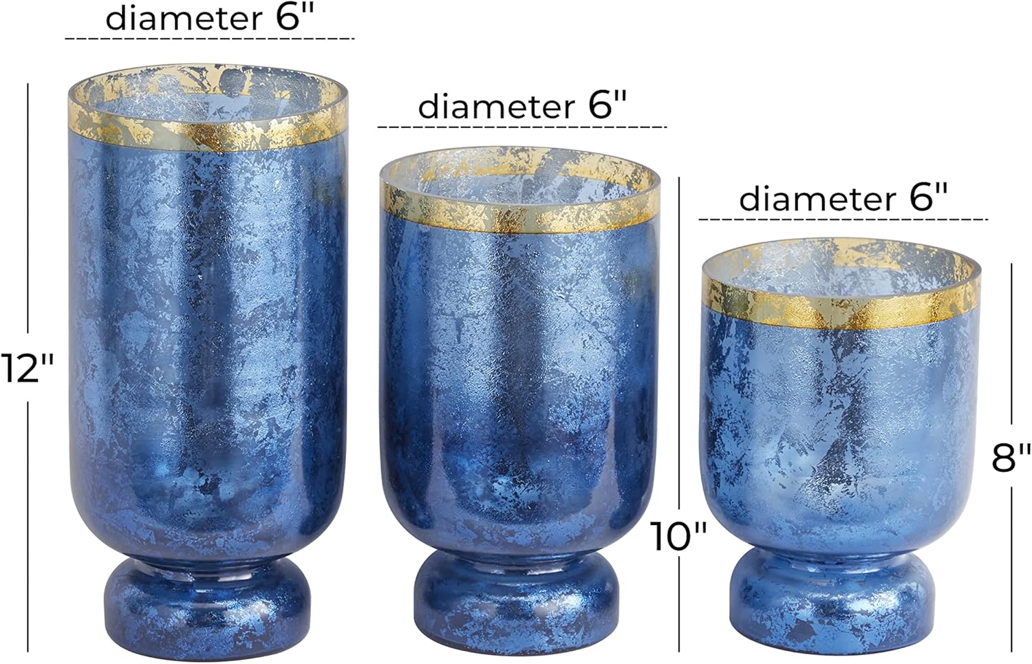 Deco 79 Glass Pillar Hurricane Lamp with Gold Interior, Set of 3 12", 10", 12"H, Blue