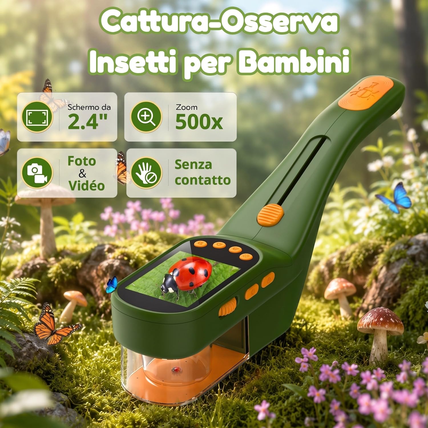 Cattura Insetti Bambini, Microscopio 500X IPS 2,4" 1080P STEM | 4 livelli di luminosità, batteria da 1000 mAh, foto e video, giocattolo di ricerca all'aperto, regalo per bambini dai 3 anni