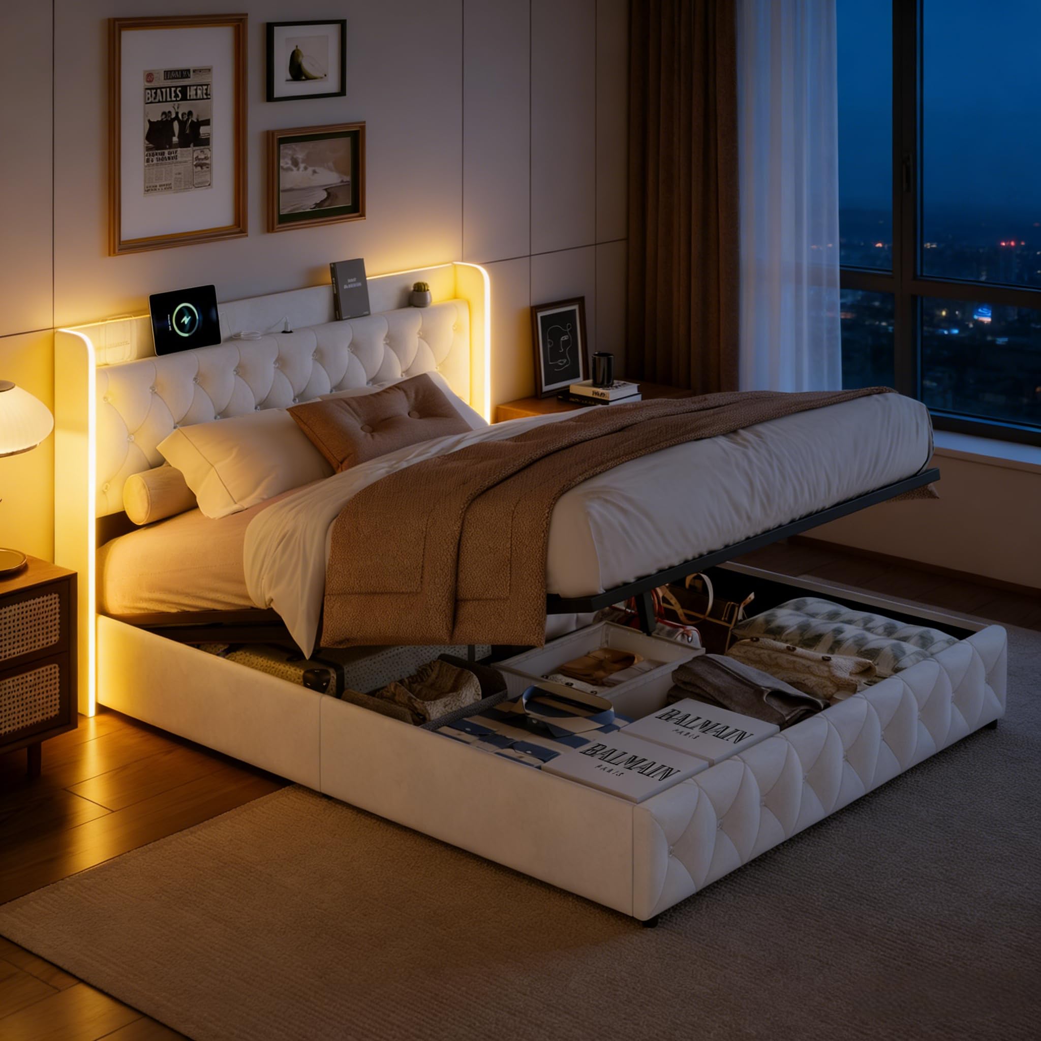 BRILVERDE Letto Imbottito 160x200 con Contenitore Idraulico, Letto Matrimoniale a LED con USB, Funzionale con testiera, Struttura Letto con Rete a doghe, in Velluto (Beige, 160 x 200 cm)
