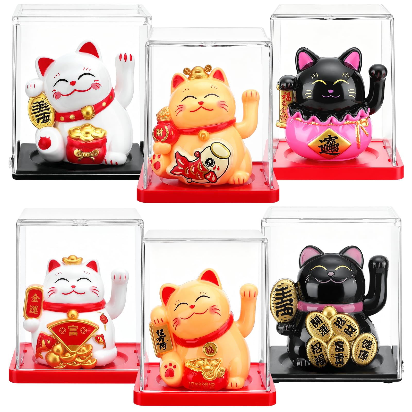 6 estatuas de gato de la suerte con brazo ondulante alimentado por energía solar, decoraciones vívidas y encantadoras de gato chino Maneki Neko Lucky Beckoning Feng Shui Fortuna Riqueza Gato