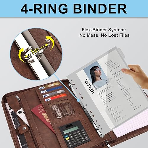 Vista 26 de Eshow Organizador de cartera, carpeta de 3 anillos con cremallera, carpeta de cuero vegano con bloc de notas, incluye 10 protectores de hojas Negro