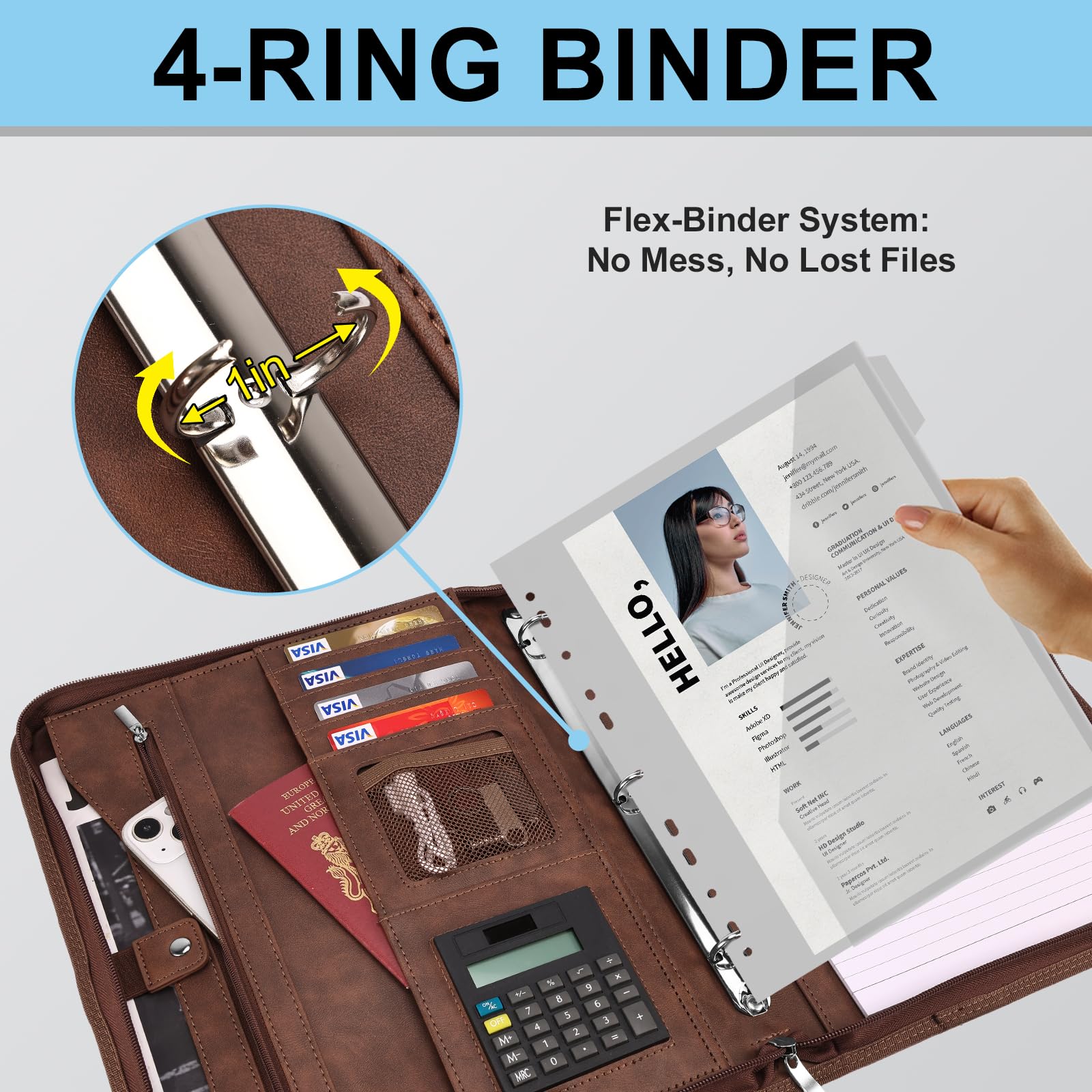 Eshow Portfolio Organizer – Raccoglitore a 3 anelli con cerniera, in pelle vegana, con blocco note, include 5 protezioni trasparenti per fogli per documenti, per uomini e donne