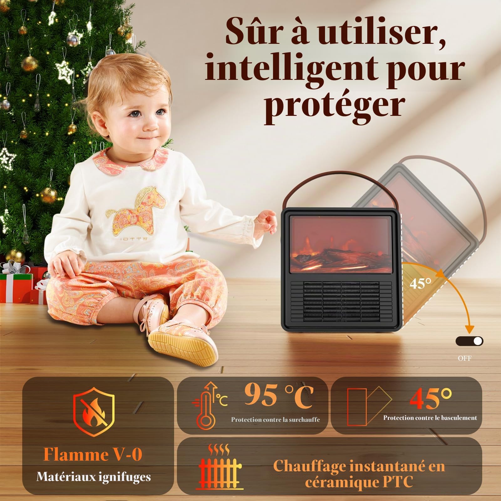 Minthouz Chauffage Électrique 1200W/800W avec Effet Flamme 3D, Thermostat Réglable, Silencieux, Économe en Énergie, Protection Contre la Surchauffe et le Renversement – Idéal pour Chambre & Bureau