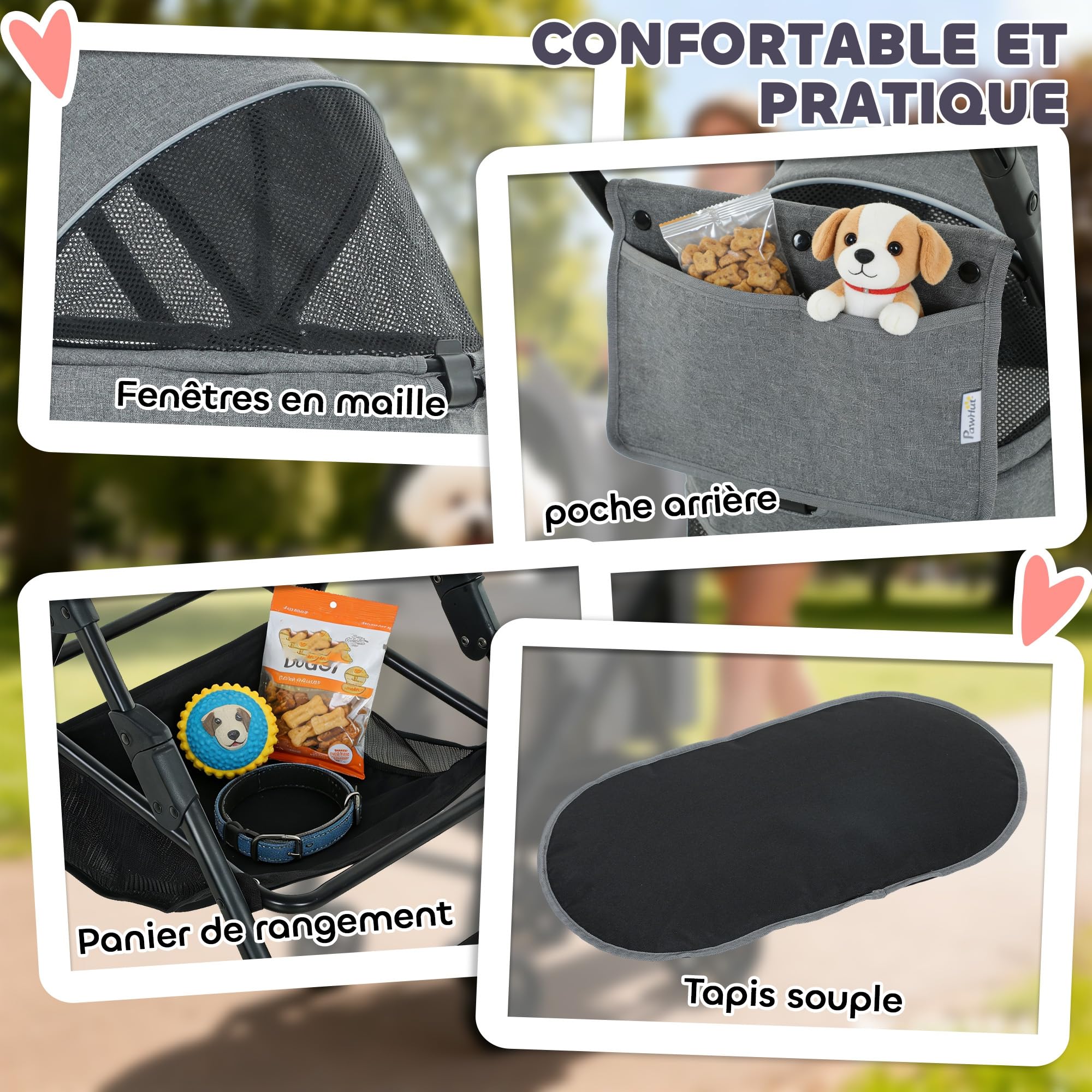PawHut - Cochecito para perro 3 en 1 desmontable con capazo extraíble y sin cremallera, para perros pequeños y gatos de 10 kg, color gris