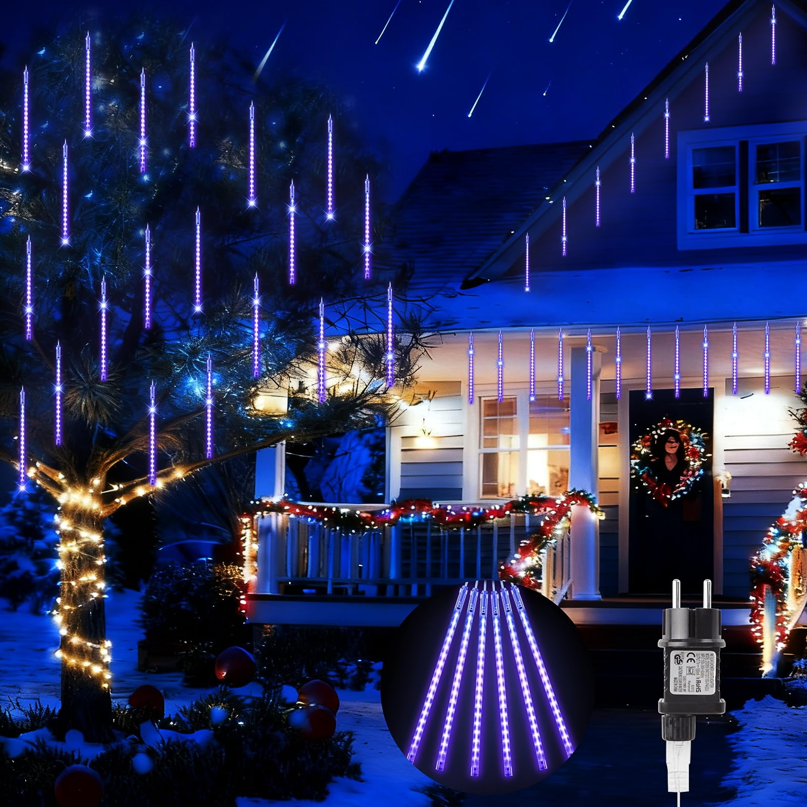 OdiuK Meteorschauer Lichterkette Außen Innen 20 Röhre Weihnachtsbeleuchtung Eiszapfen Lichterkette, IP44 Wasserdichte Dach Lichter für Weihnachtsdeko Halloween Garten, 480LED Blau