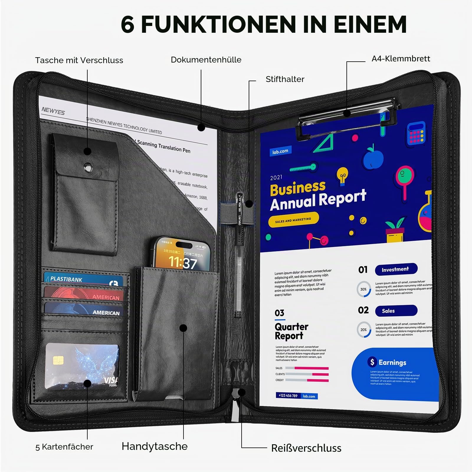 Schreibmappe A4 mit Klemmbrett & Reißverschluss, Premium Konferenzmappe aus PU Leder, Dokumentenmappe Organizer für Business, Büro, Reise, Klemmbrettmappe, Geschenk für Herren & Damen, Schwarz