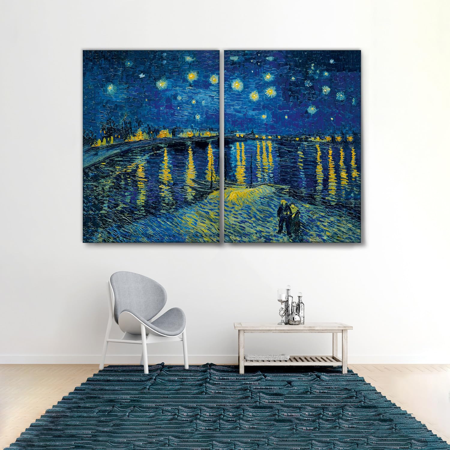 Giallobus - Quadri Grande Formato XXL - Vincent Van Gogh - Artisti Famosi - Notte Stellata sul Rodano - Tela Canvas - 204x140cm | 2pcs. x 100x140cm - Pronto da Appendere - Quadri Moderni per la casa