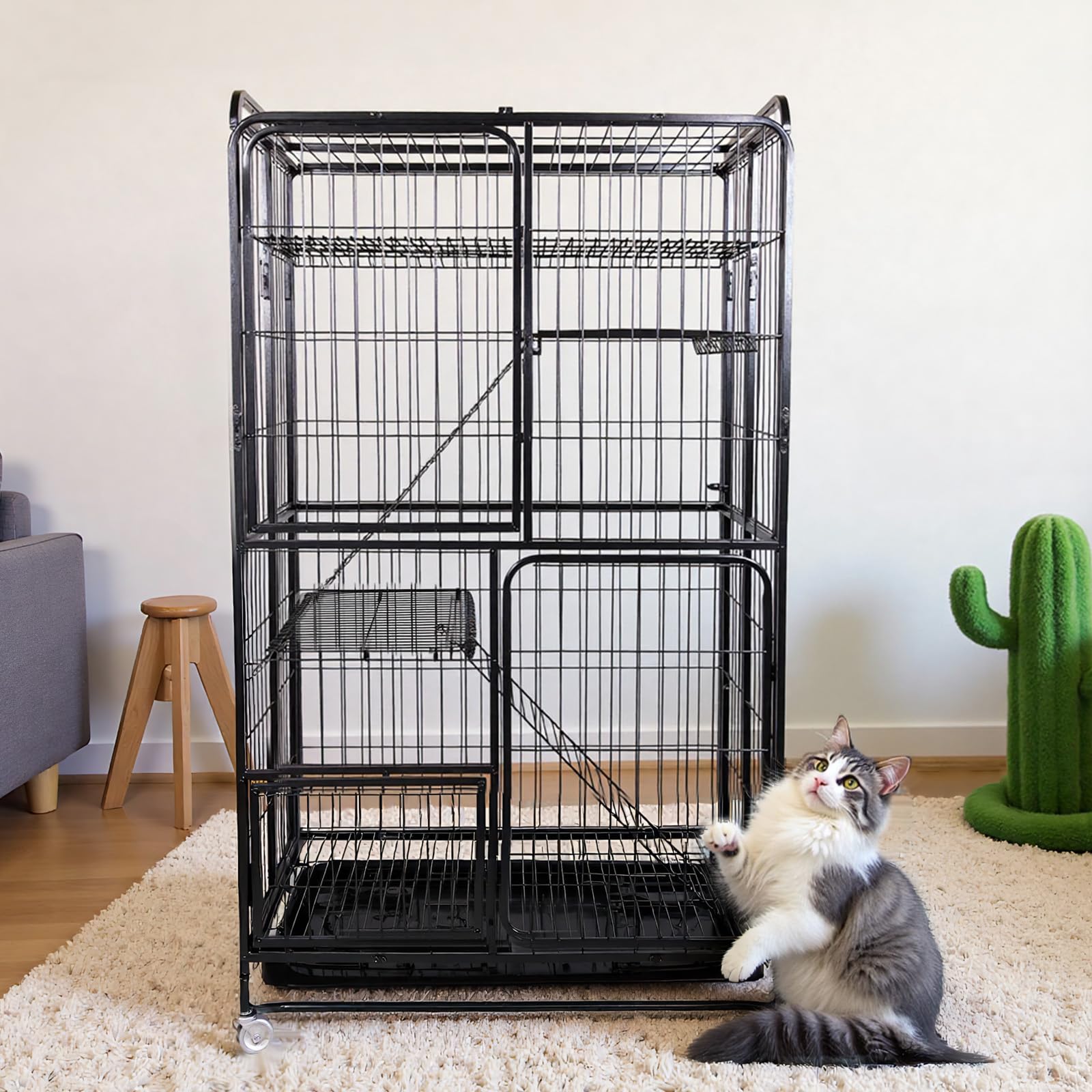Katzenkäfig mit 4 Etagen & Tablett – 53,5-Zoll Kiste, Faltbare
