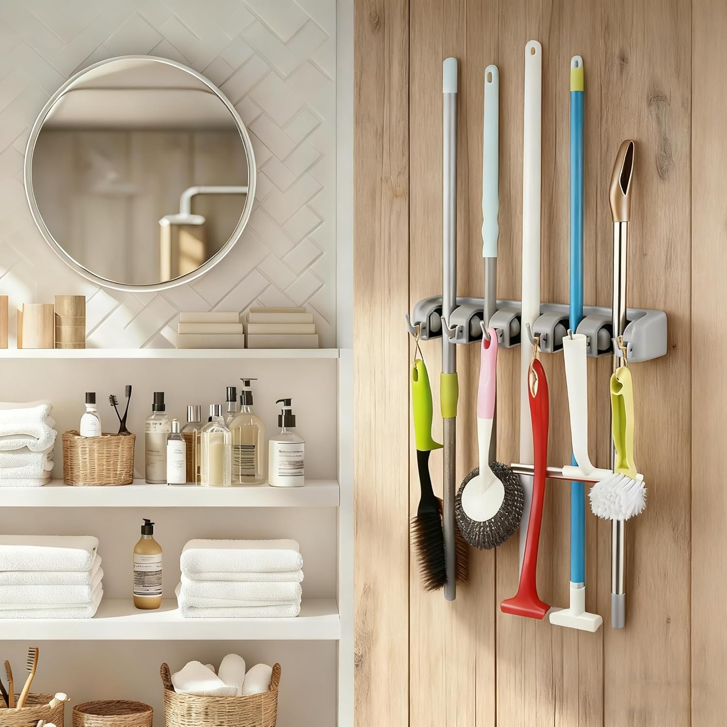 TOGU 2 Pack Mop and Broom Holder Wall Mounted 5 Position Storage Rack with 6 Retractable Hooks Holds up to 11 Tools Utility Weatherproof Holder for Garage Storage Systems Broom Organizer,Gray