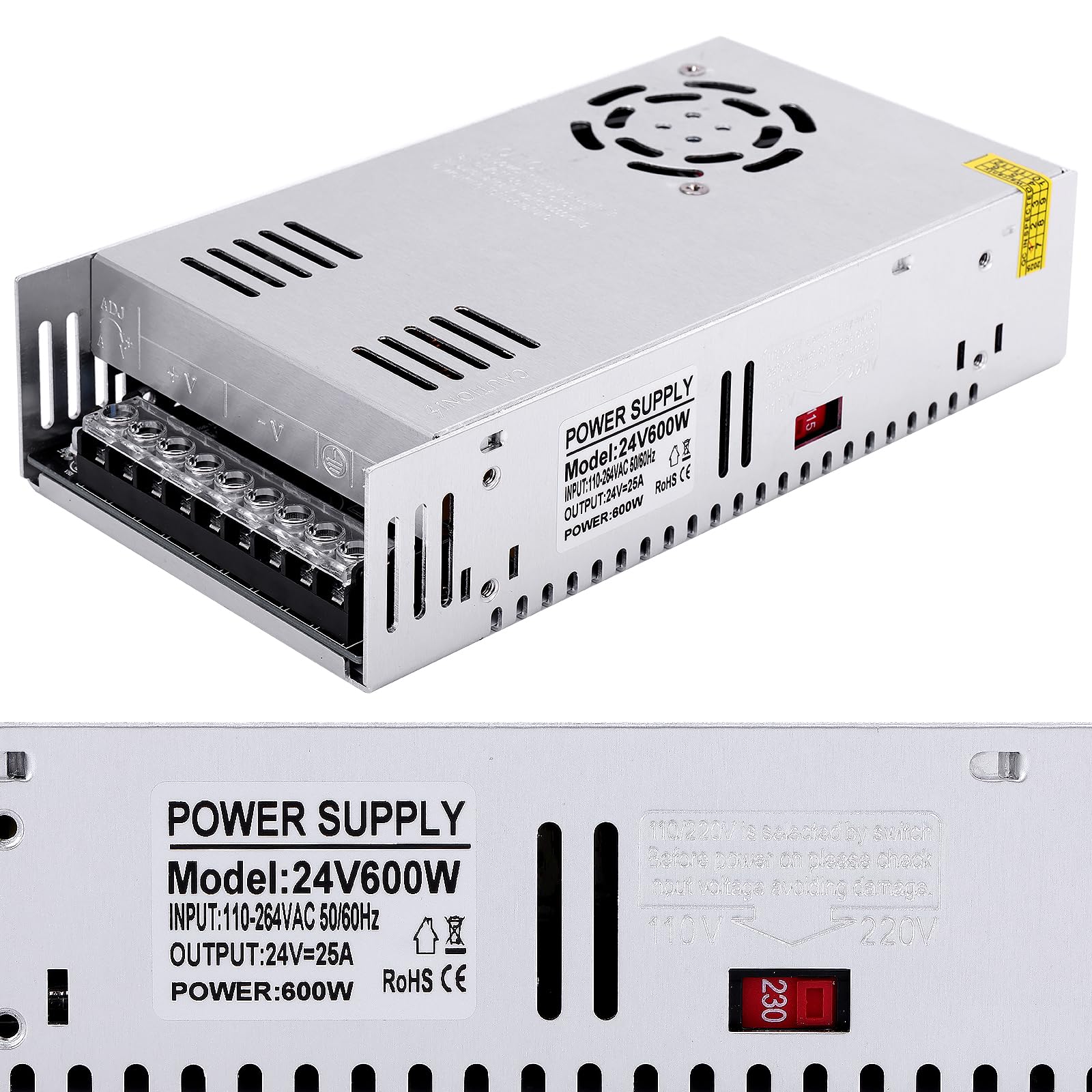 Uniwersalny regulowany zasilacz impulsowy 24 V 25 A 600 W DC zasilacz impulsowy AC adapter LED, konwerter, transformator, adapter do taśm świetlnych LED, CCTV, projektu komputerowego, radia