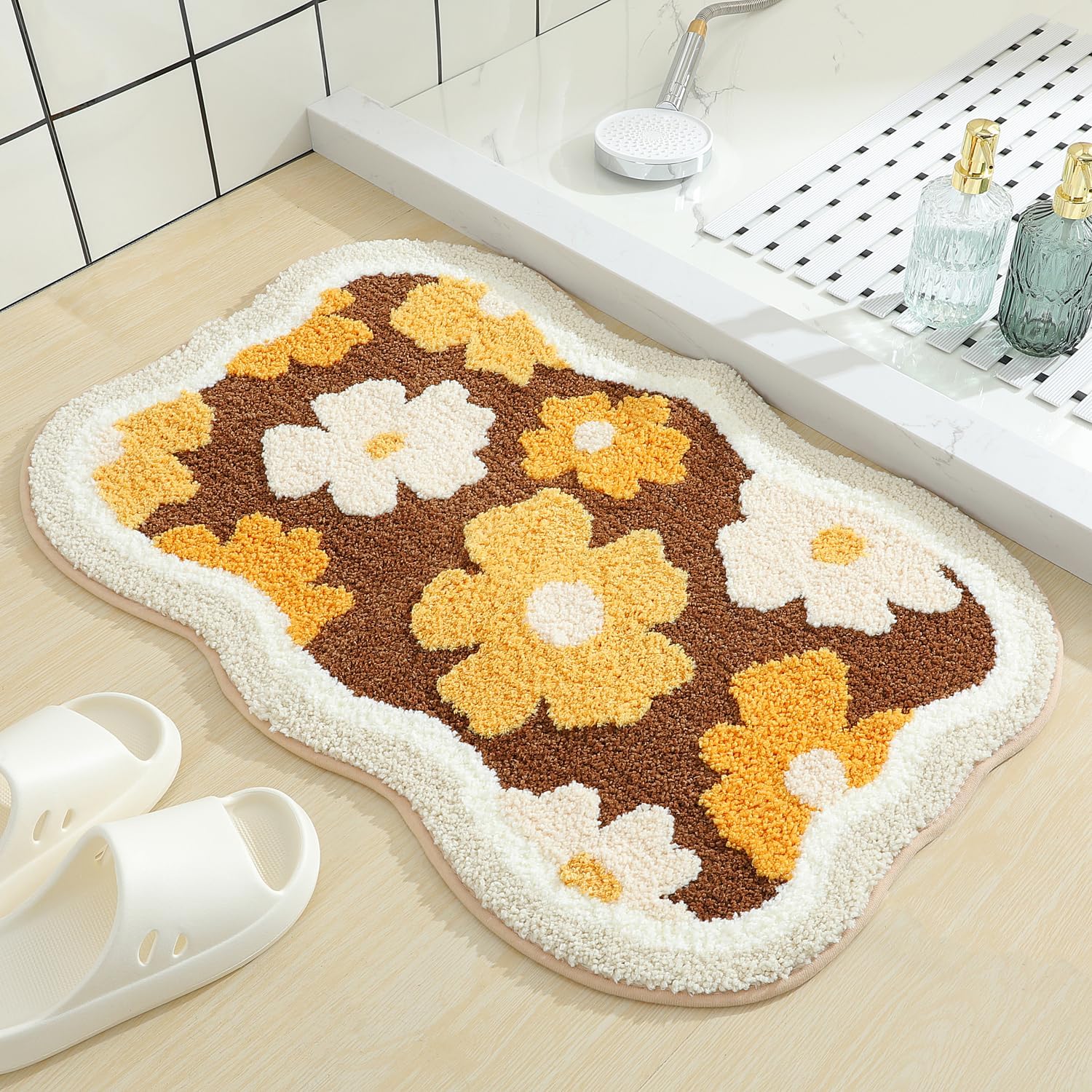 Molesun Floral Bath Mat, Bathroom Rug Non-Slip Soft Shower Rug Microfiber Cute Bath Rug for Kids, Water Absorbent Thick Shaggy Floor Mats for Bedroom, Kitchen, Home Decor, 20x31, Brown