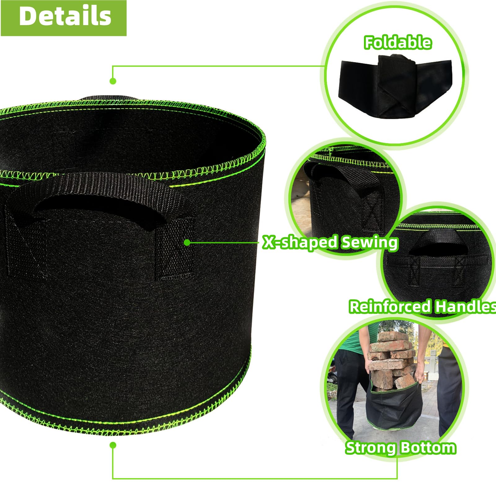 Lot de 6 Sacs à Plantes, 40L Ø 40cm Hauteur 30cm Sac de Culture en Non Tissé Pot de Fleur Sac de Jardin avec Poignée Sangles Aération Tissu Pots, 10 Gallons