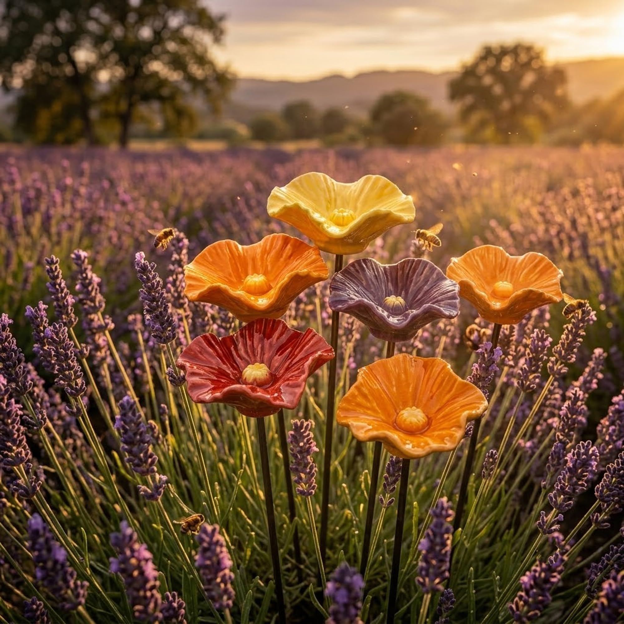 BienenträNke Keramik, InsektenträNke Keramiks Blume, Blumen Gartenstecker VogelträNke, Handgemachte BienenblüTen – Wetterfeste Keramik-TräNken, 4er-Set (4STK)