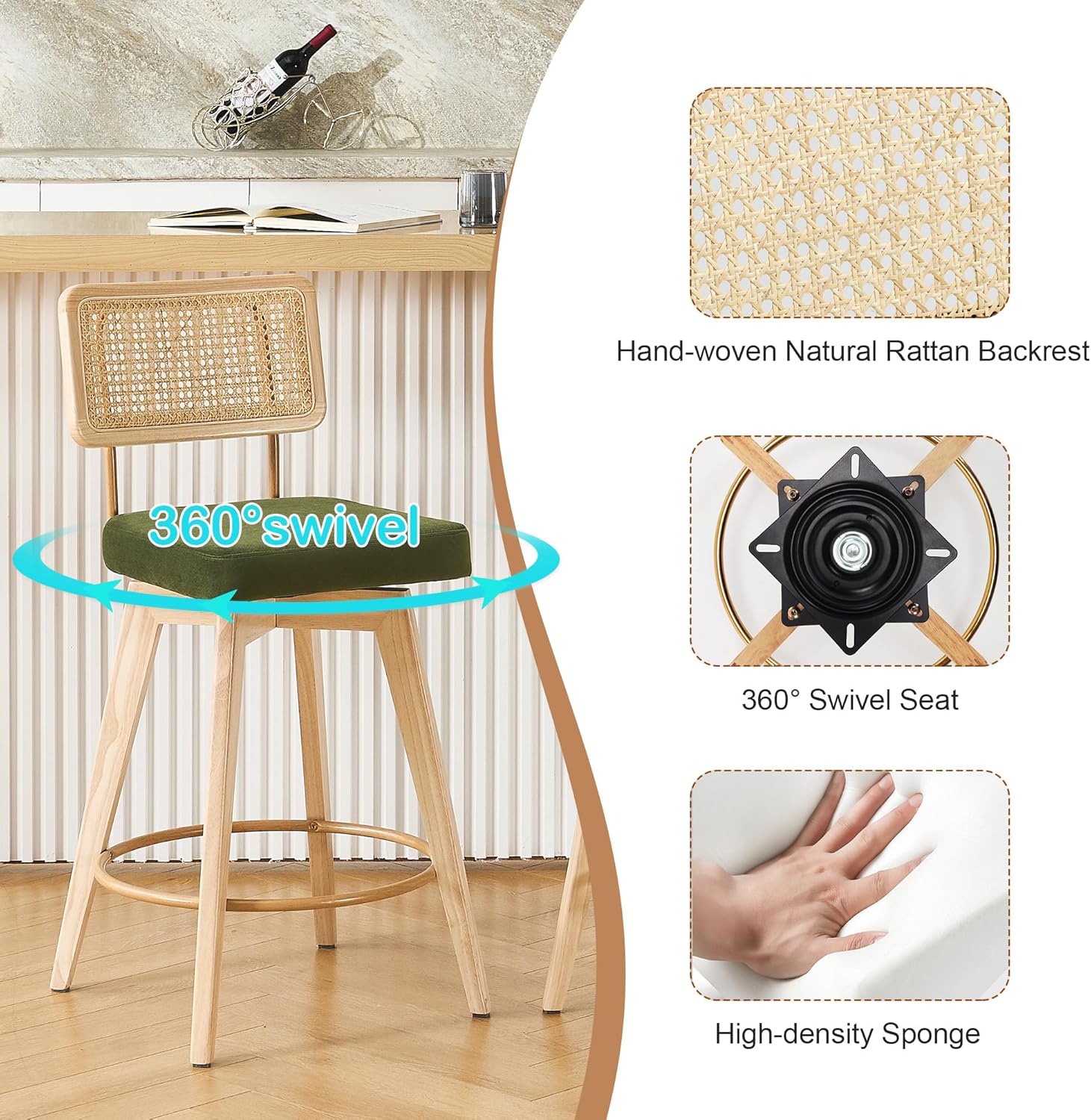 26” Natural Rattan Bar Stools, Swivel Solid Wood Counter Stool Set of 2, Upholstered Armless Bar Chairs with Wooden Legs for Kitchen Island, Olive Green Velvet