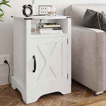 RoyalCraft Tall Farmhouse Nightstand with Charging Station, White End Table with Storage, Large Wooden Rustic Bedside Table for Bedroom, Home Office