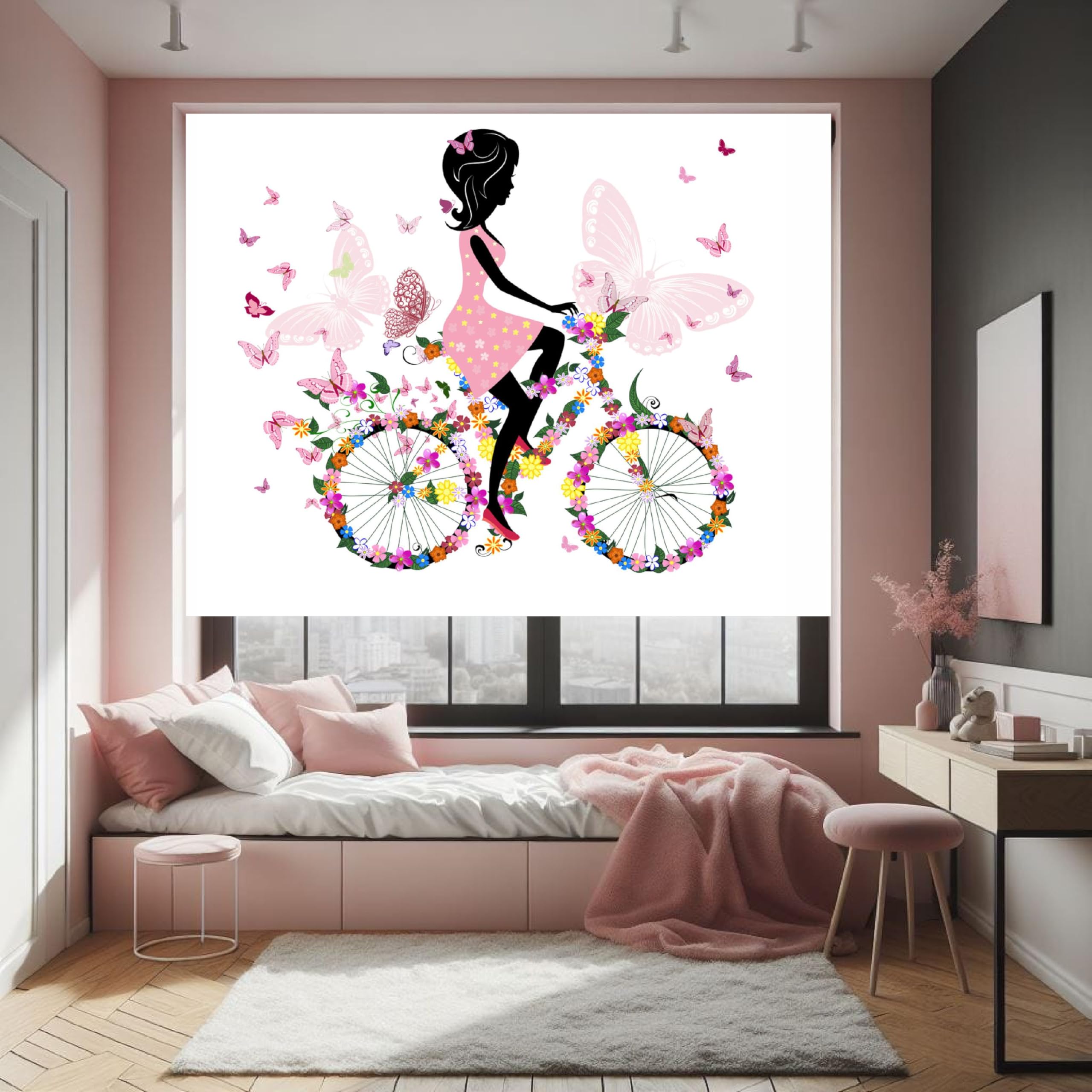 Estor Enrollable Juvenil o Infantil para Chicas “Bicicleta y Mariposas” – Tejido Translúcido Premium, Hecho a Mano en España (40x60)