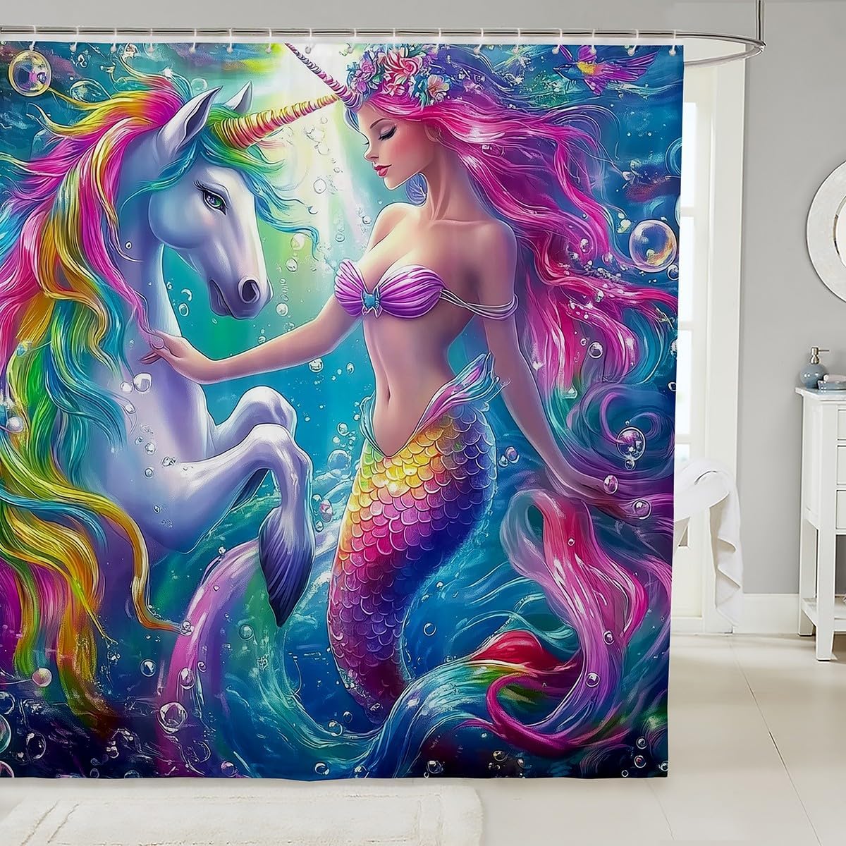 jejeloiu Mermaid Fabric Shower Curtain Colorful Unicorn Shower Curtain for Kids Ocean Life Bathroom Waterproof Accessories with 12 Hooks Ocean Theme Curtains,72x78 Inches