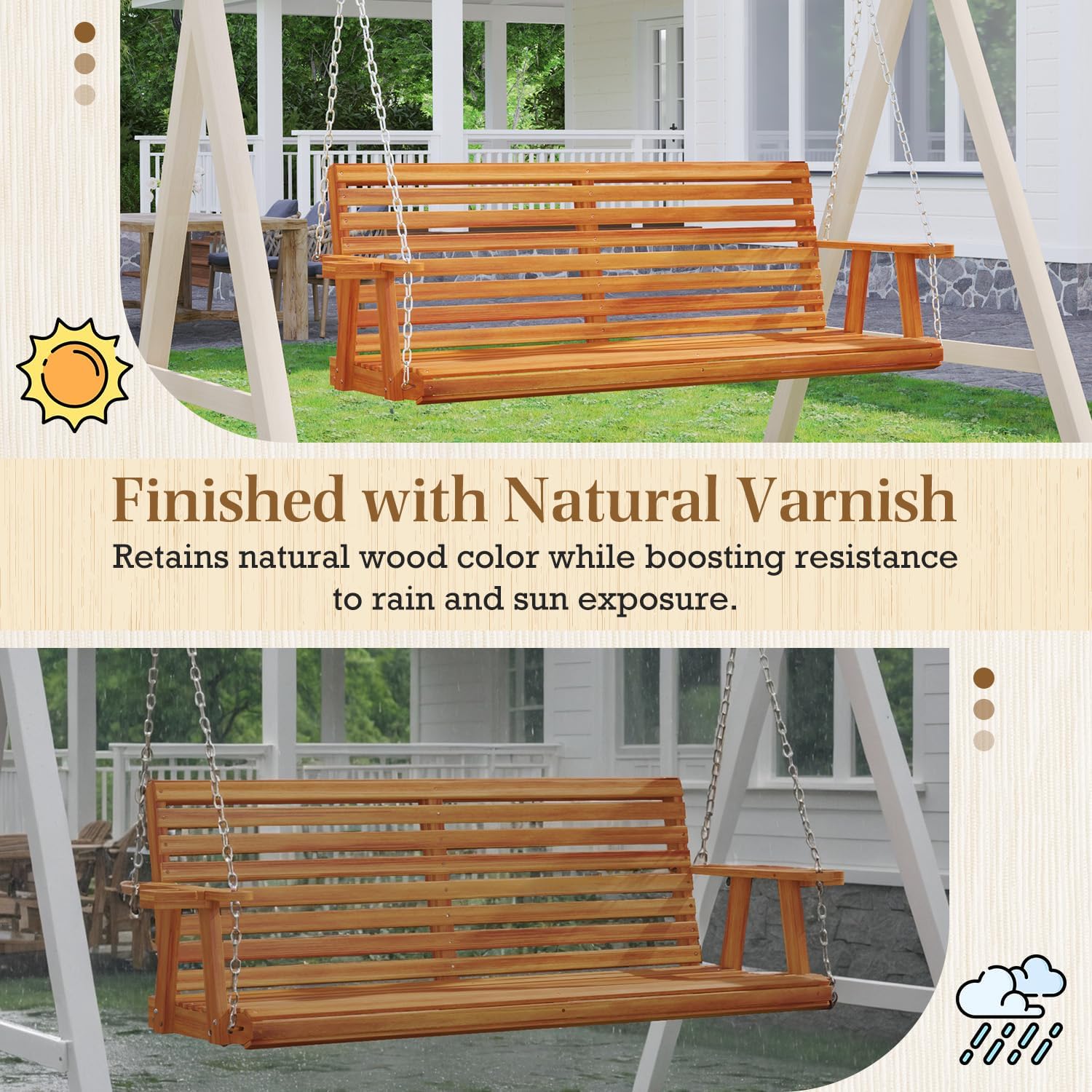 U-MAX 5.5FT Wooden Porch Swing, Patio Swing with Cup Holders & Chains, 880Lbs Weight Capacity Outdoor Swing Chair Bench for Courtyard & Garden